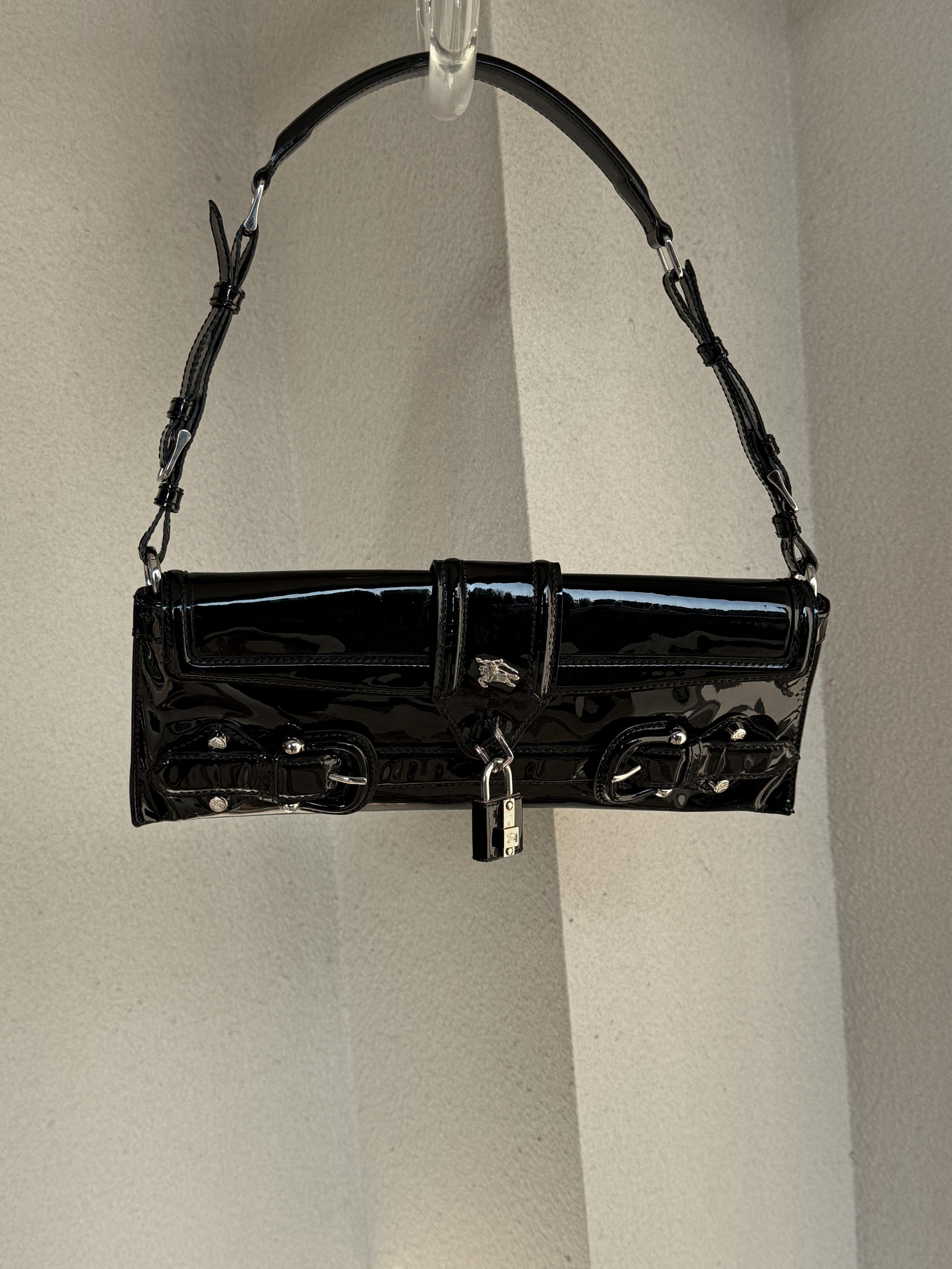Burberry black patent leather lock shoulder bag