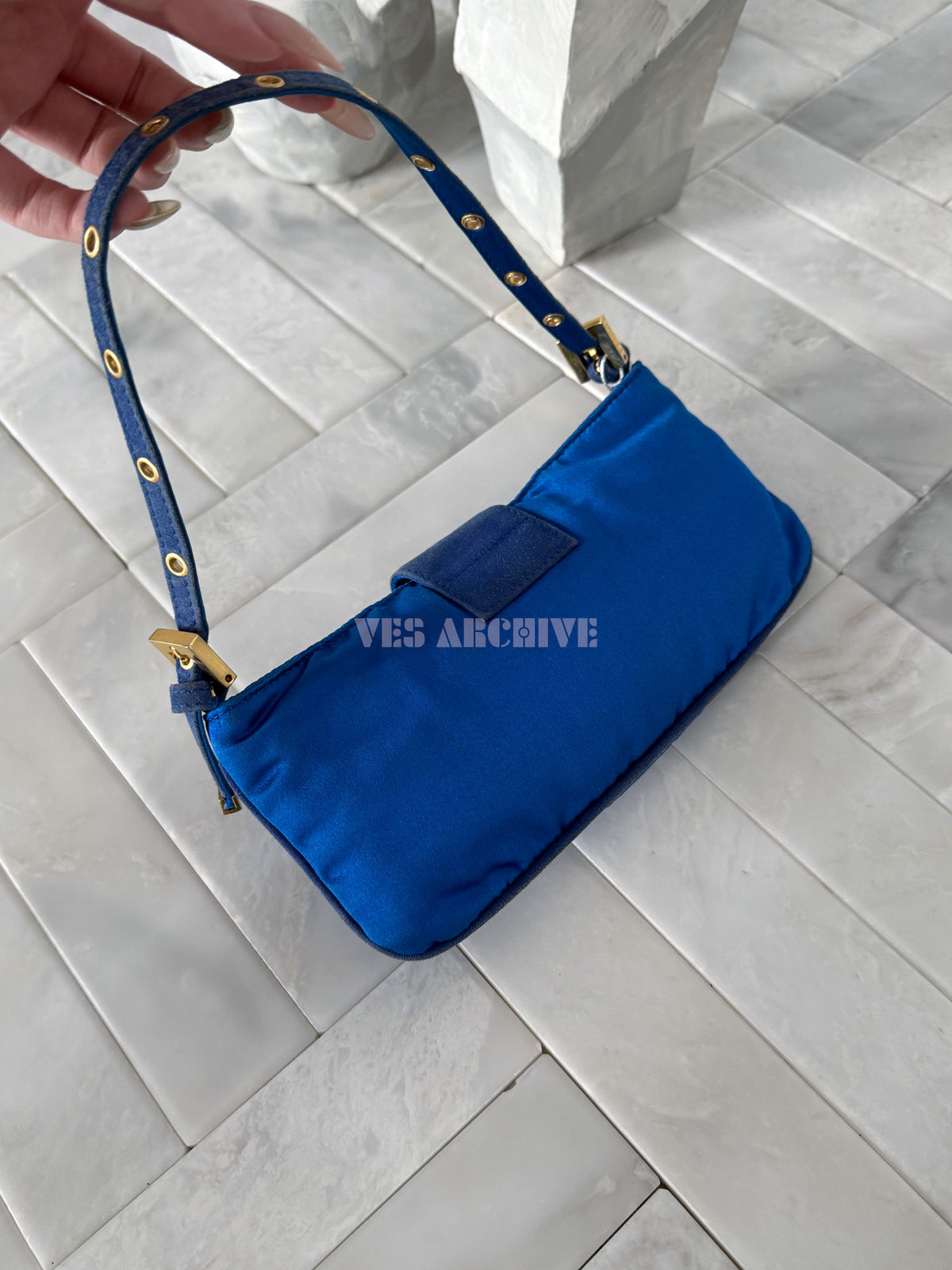 Fendi Klein Blue Baguette Shoulder Bag with Crystal Insect Buckle