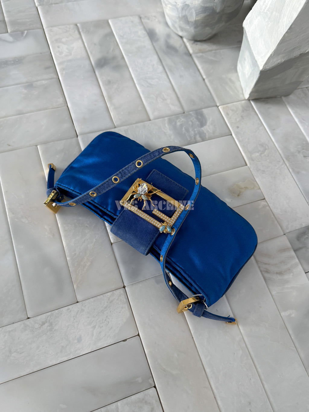 Fendi Klein Blue Baguette Shoulder Bag with Crystal Insect Buckle