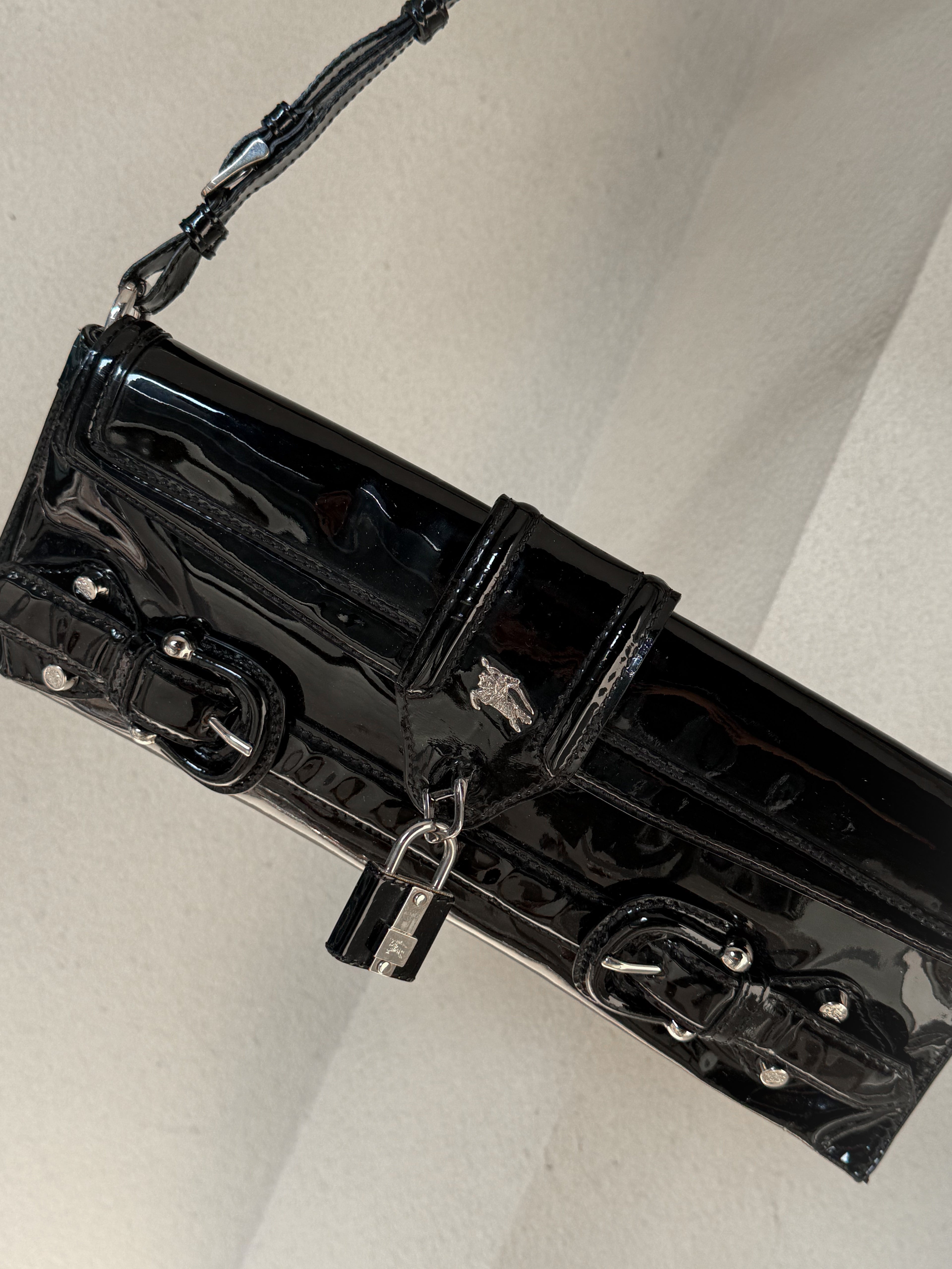 Burberry black patent leather lock shoulder bag