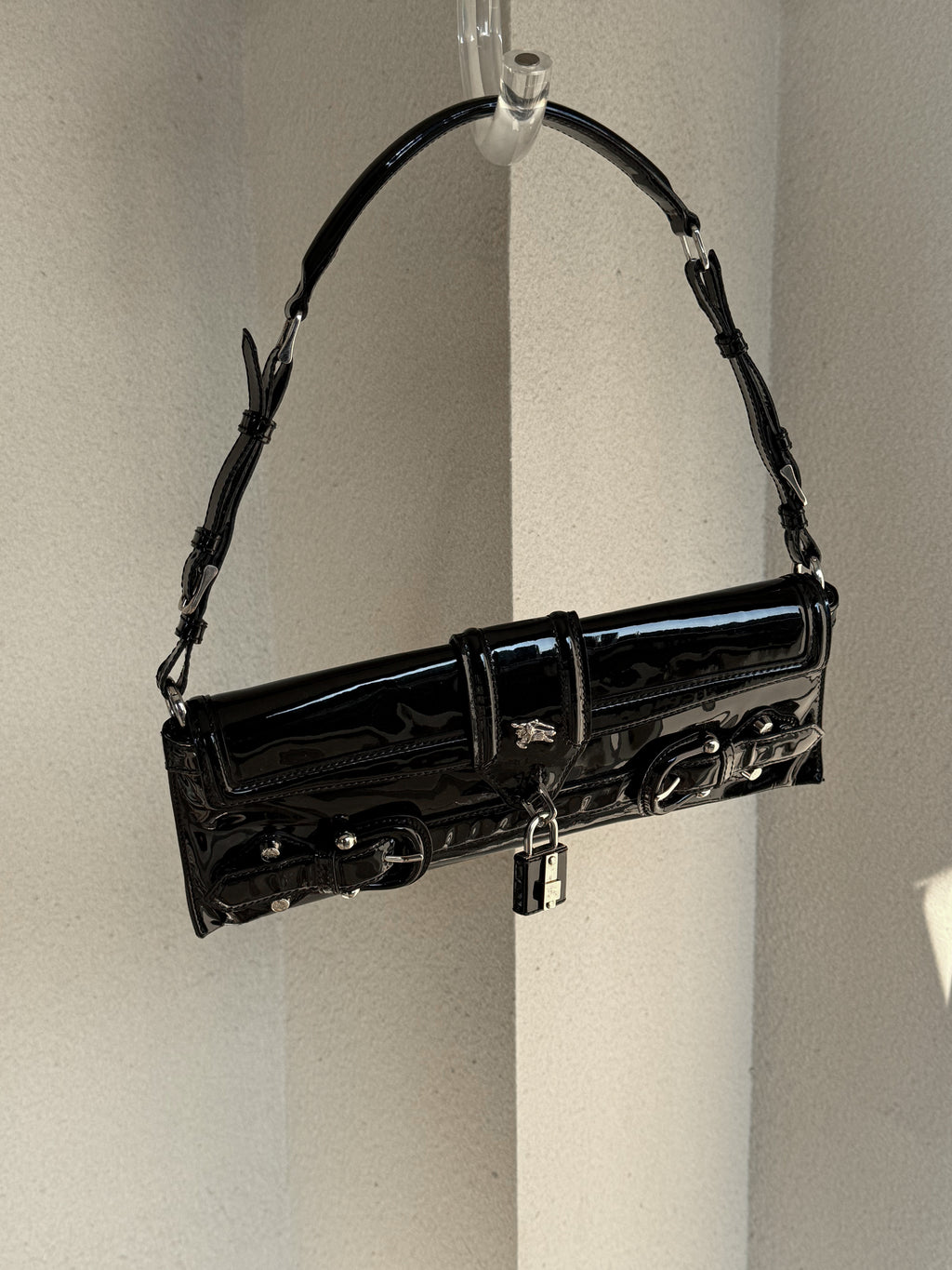 Burberry black patent leather lock shoulder bag