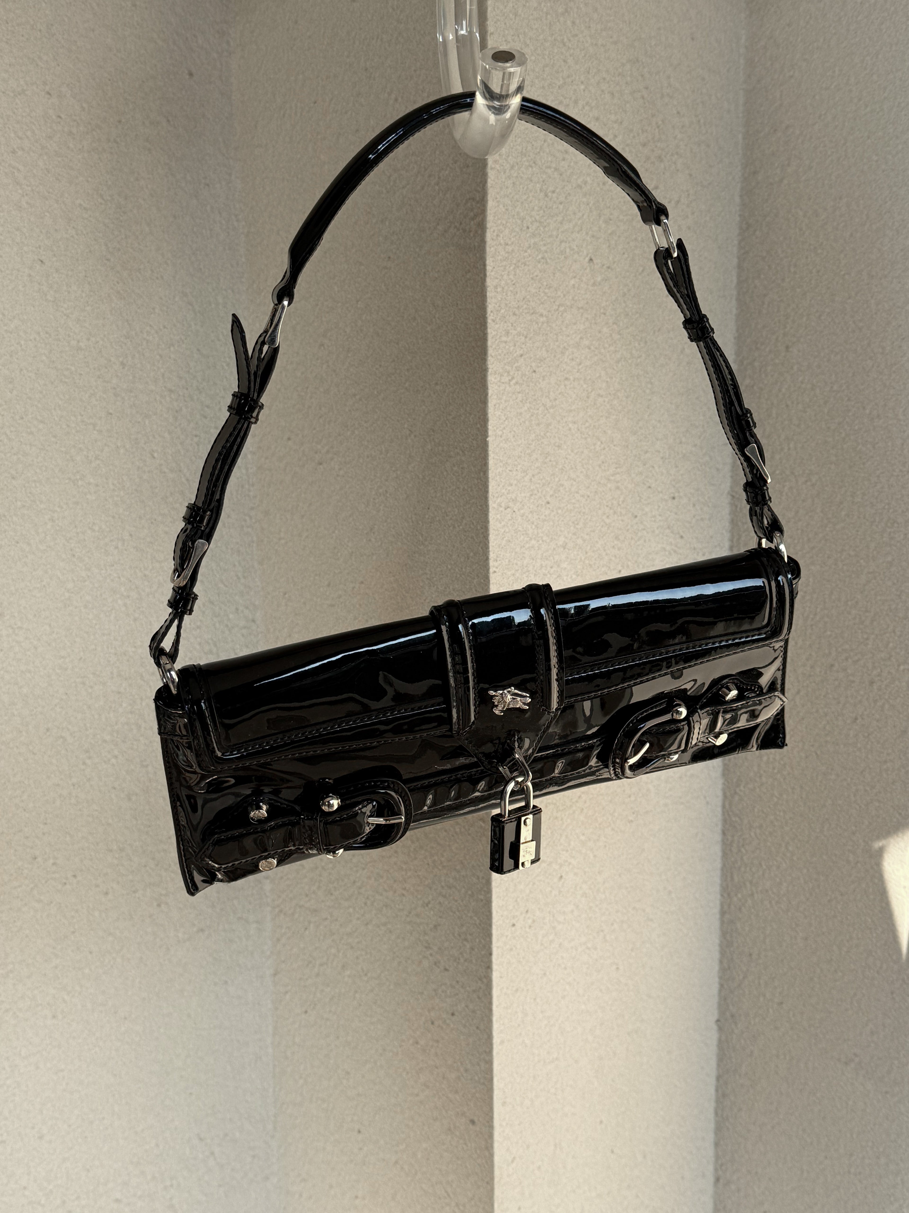 Burberry black patent leather lock shoulder bag