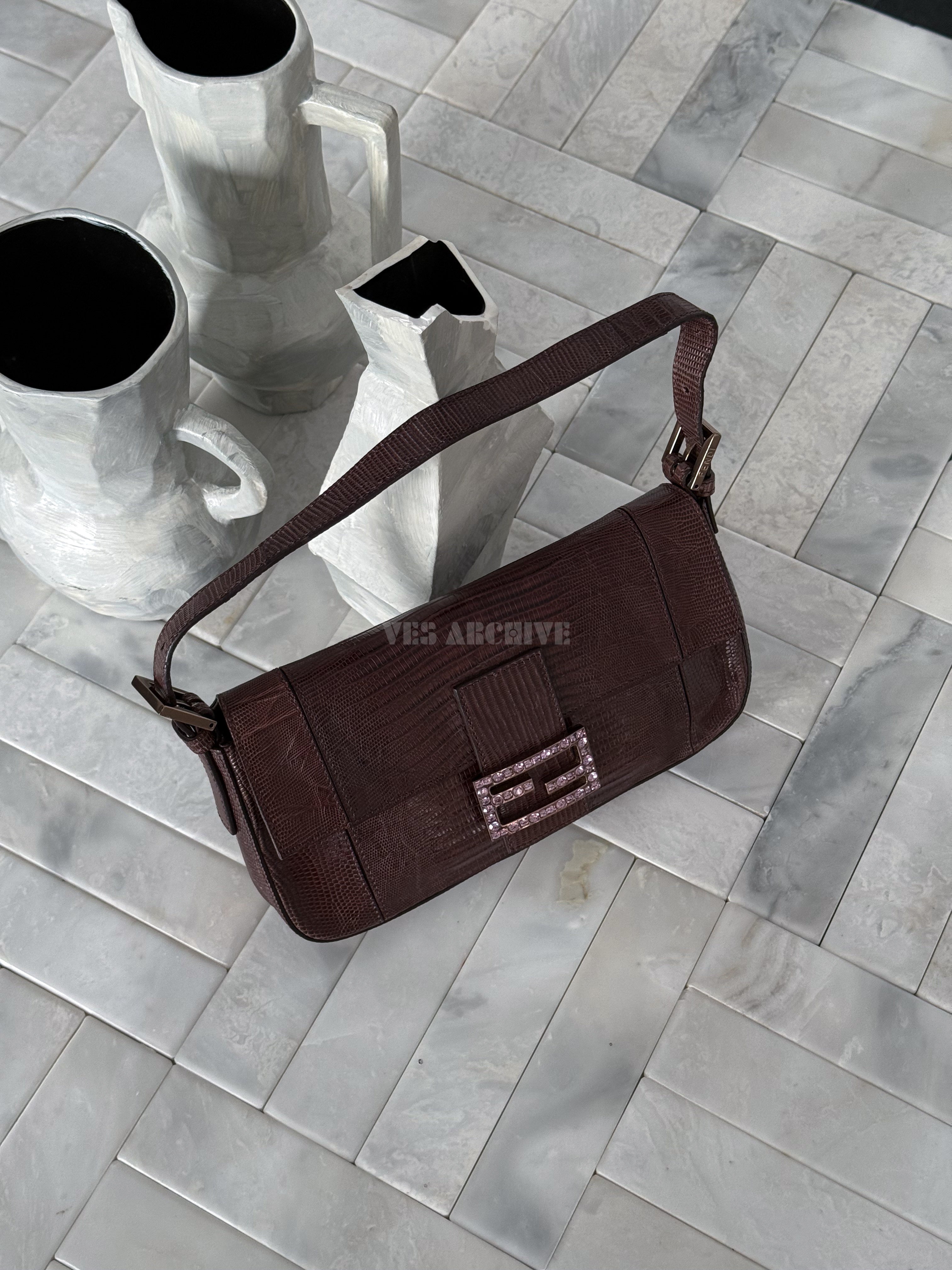 Fendi Baguette Vintage Full Lizard Leather with Lilac Crystal Buckle
