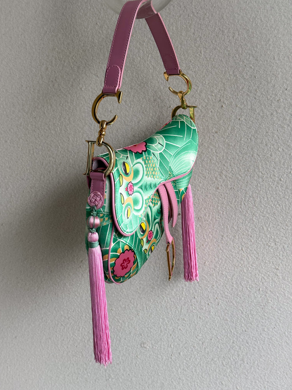 CHRISTIAN DIOR Satin Tassel Koi Saddle Bag Green Pink