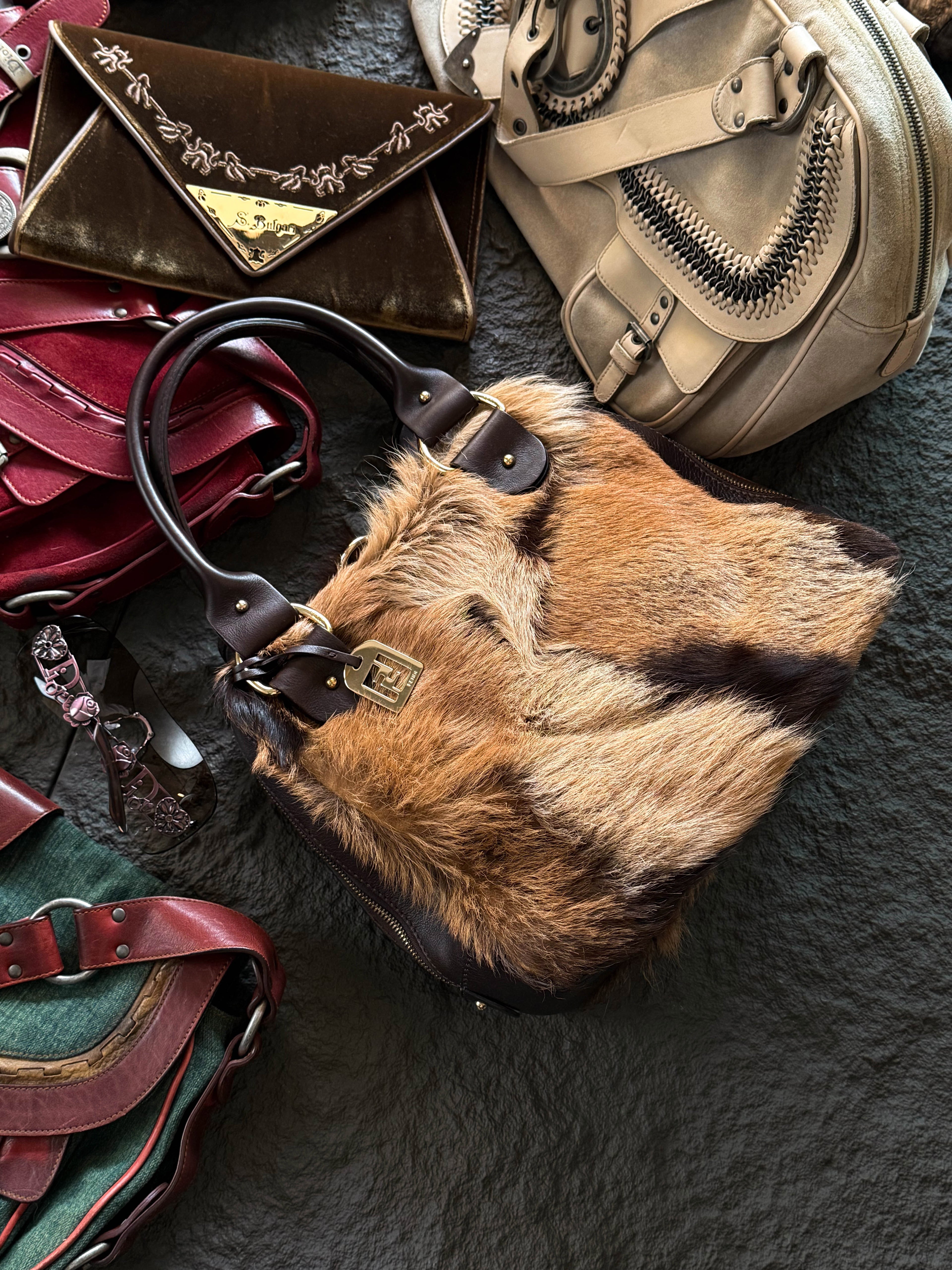 Fendi Antelope Hair Vintage Bowling Bag with Logo Plaque