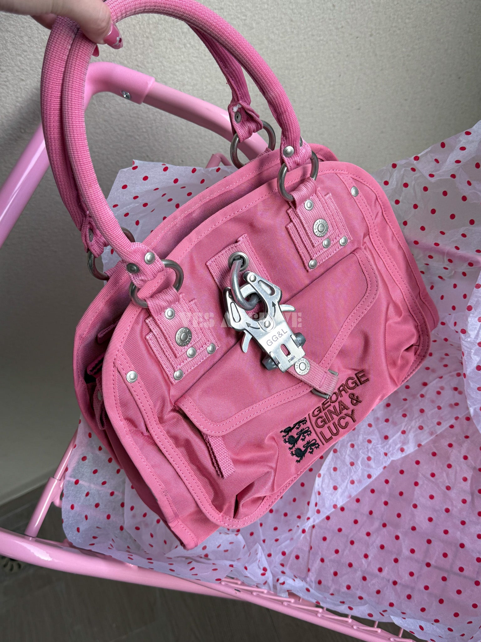 GG&L/George Gina & Lucy Pink Canvas Utility Shoulder Bag with Lock Detail