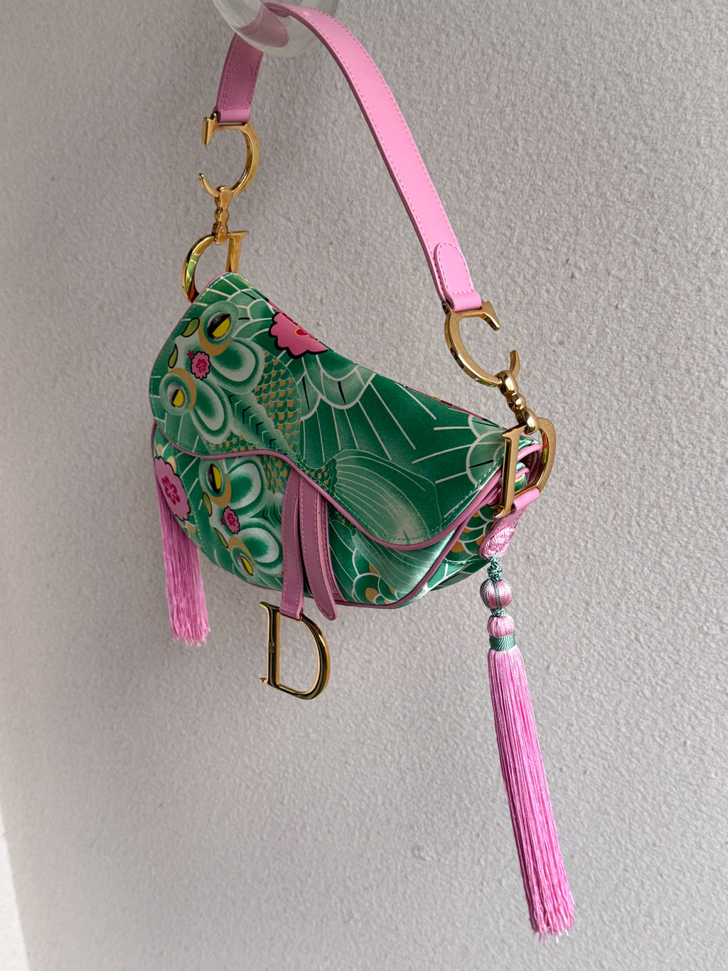 CHRISTIAN DIOR Satin Tassel Koi Saddle Bag Green Pink