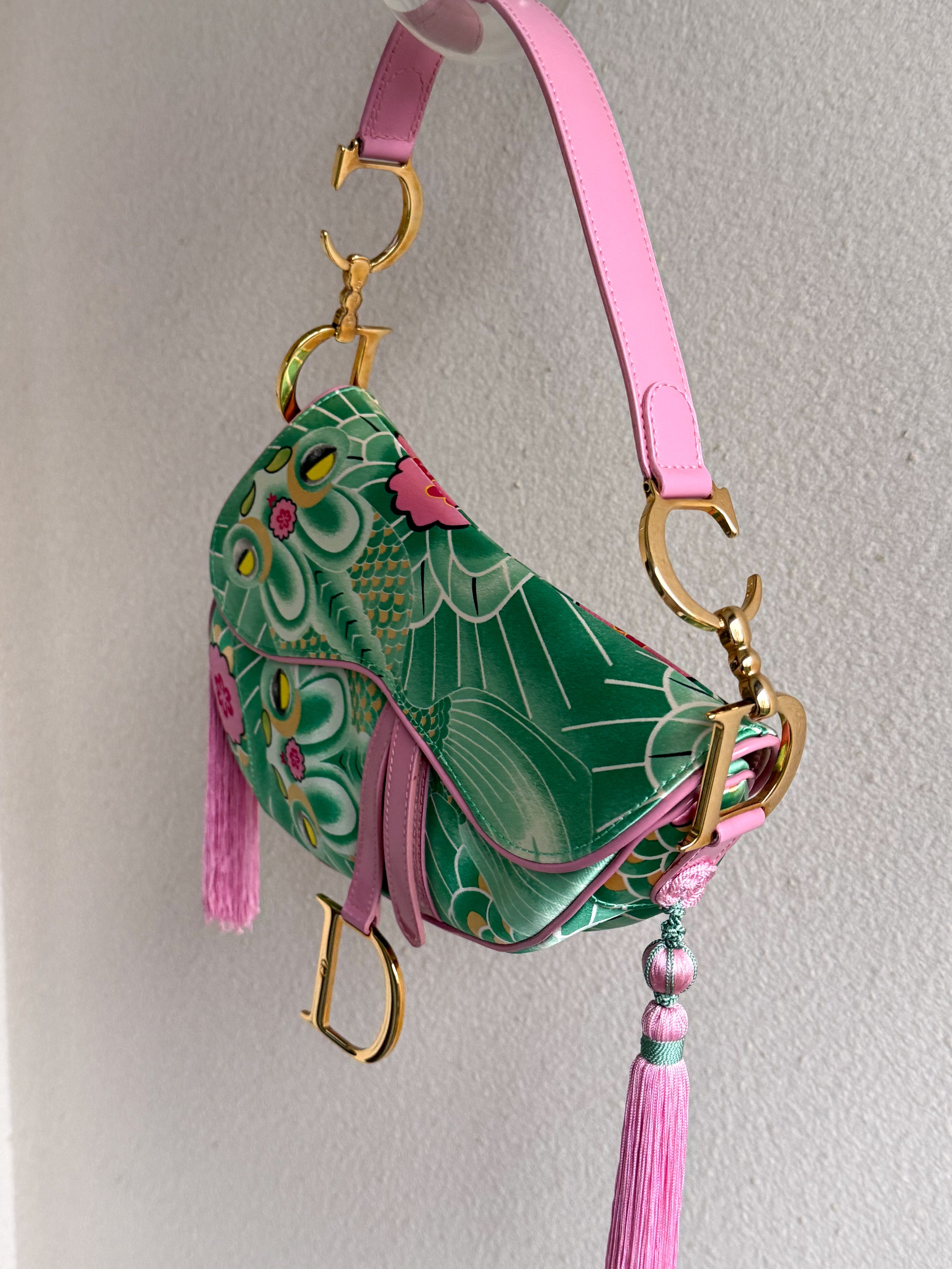 CHRISTIAN DIOR Satin Tassel Koi Saddle Bag Green Pink