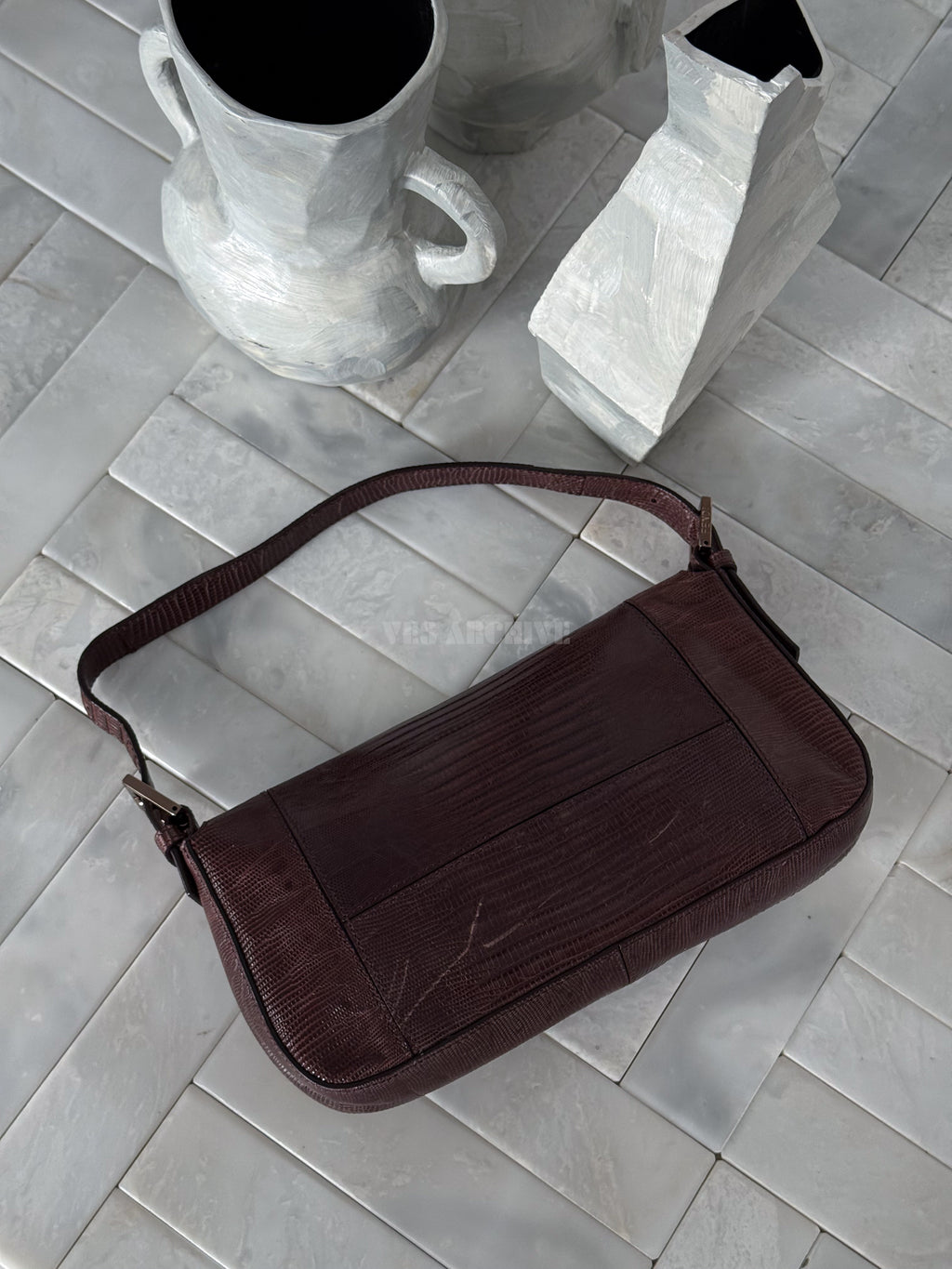 Fendi Baguette Vintage Full Lizard Leather with Lilac Crystal Buckle