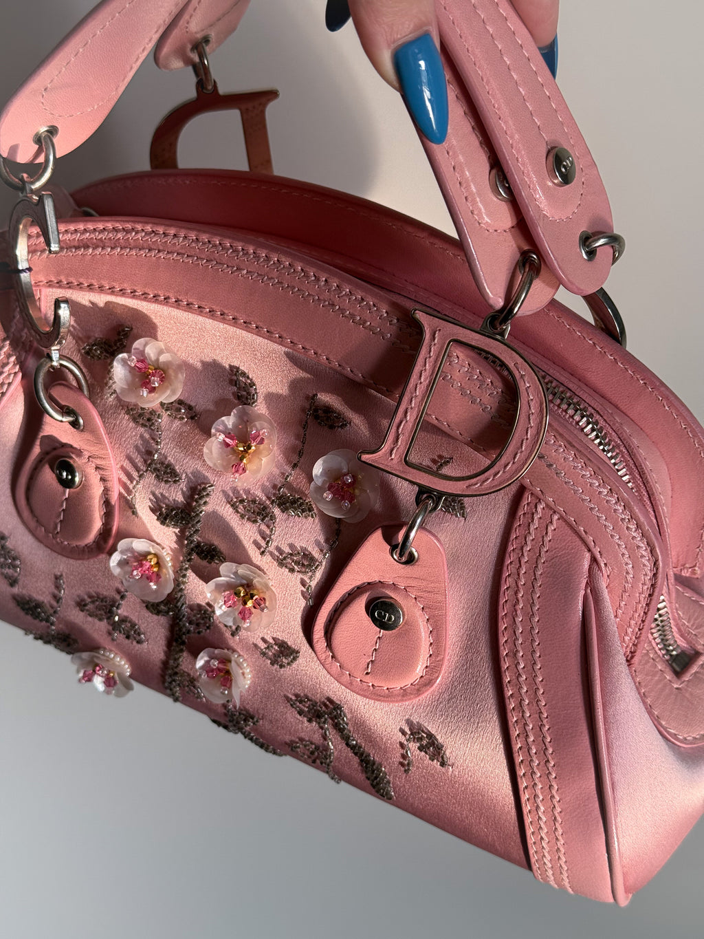 Dior Limited edition pink mother-of-pearl crystal floral Detective bag.
