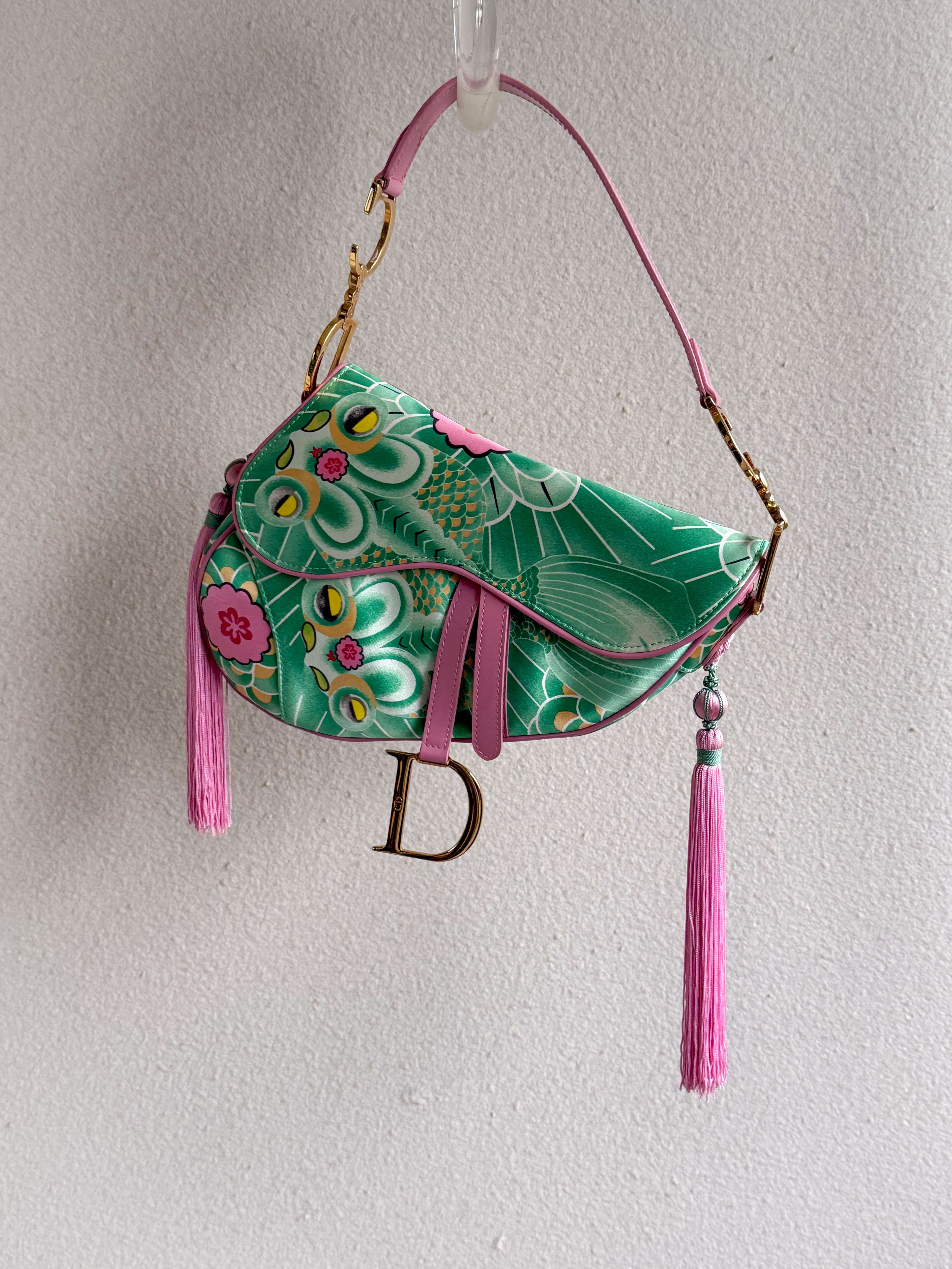 CHRISTIAN DIOR Satin Tassel Koi Saddle Bag Green Pink