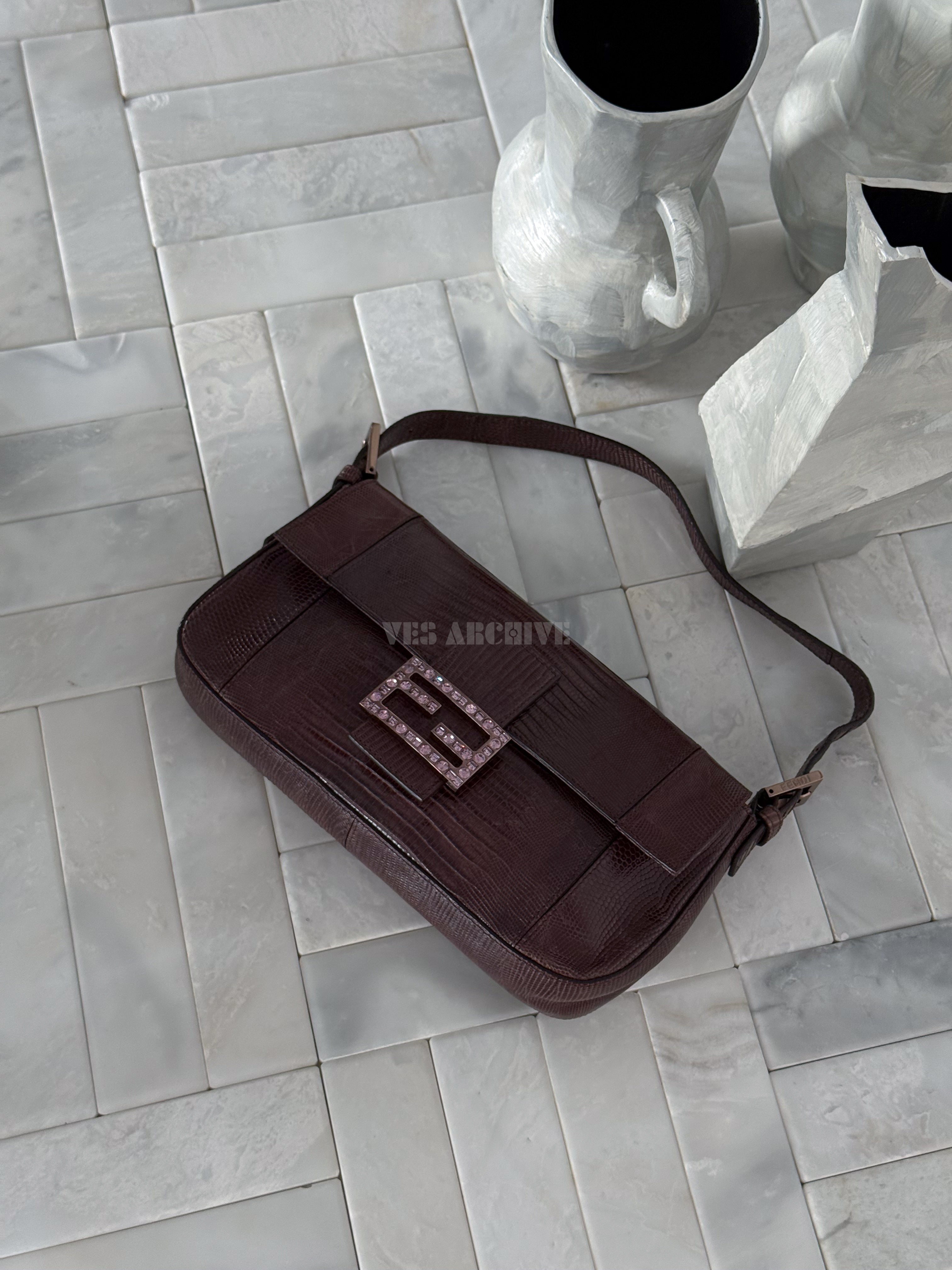 Fendi Baguette Vintage Full Lizard Leather with Lilac Crystal Buckle