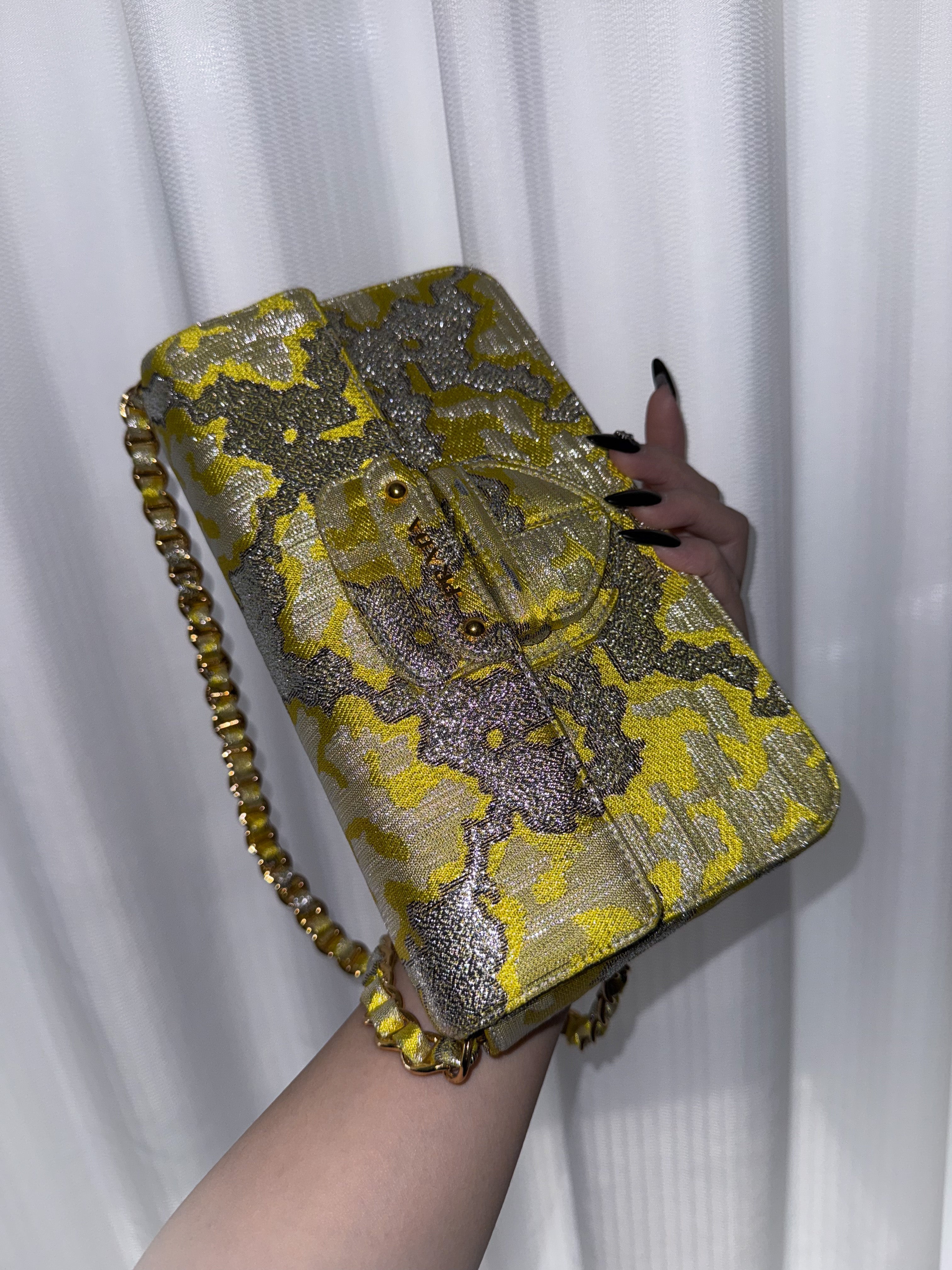 Prada gold-thread embroidered brocade satin shoulder bag