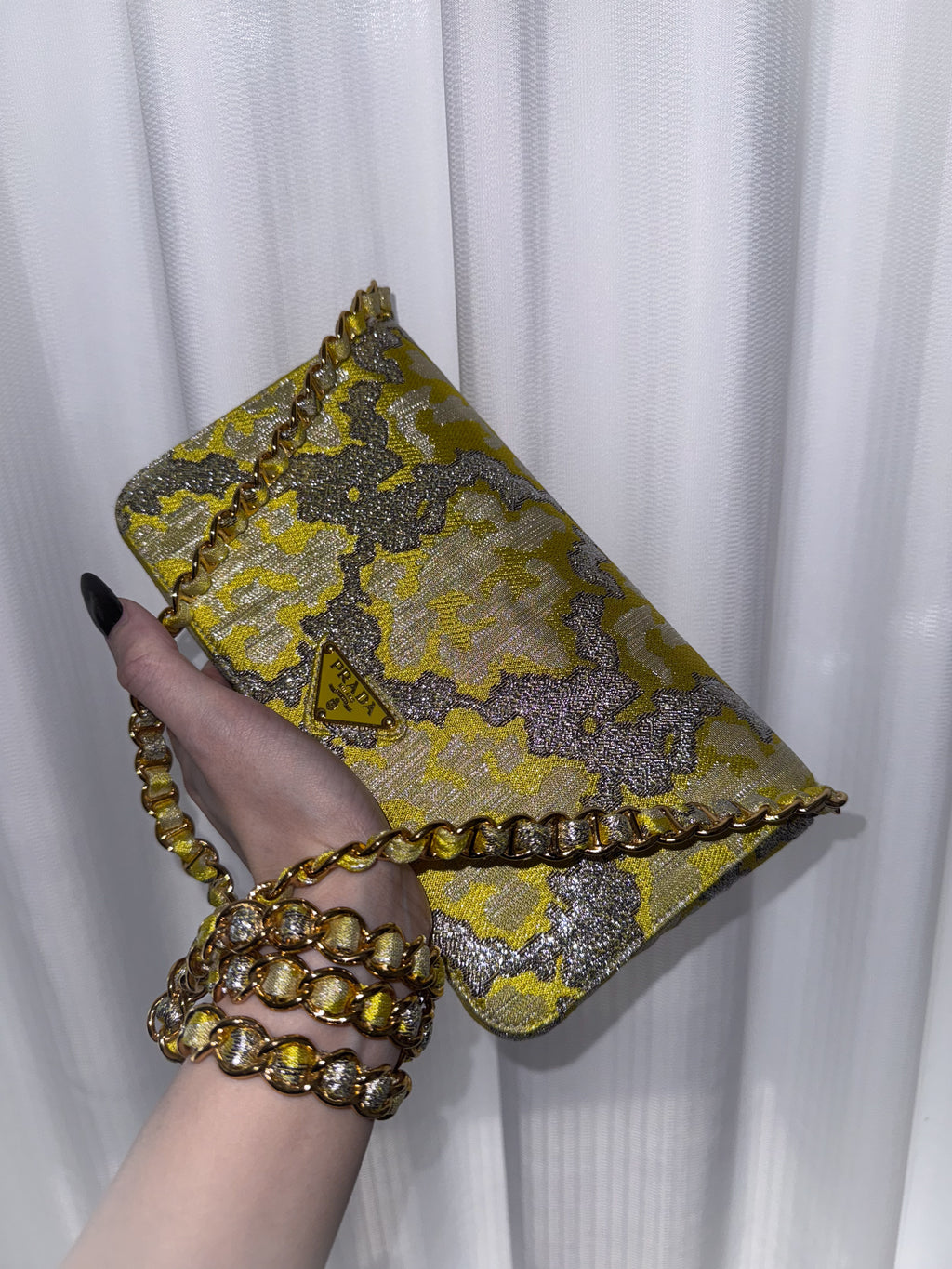Prada gold-thread embroidered brocade satin shoulder bag