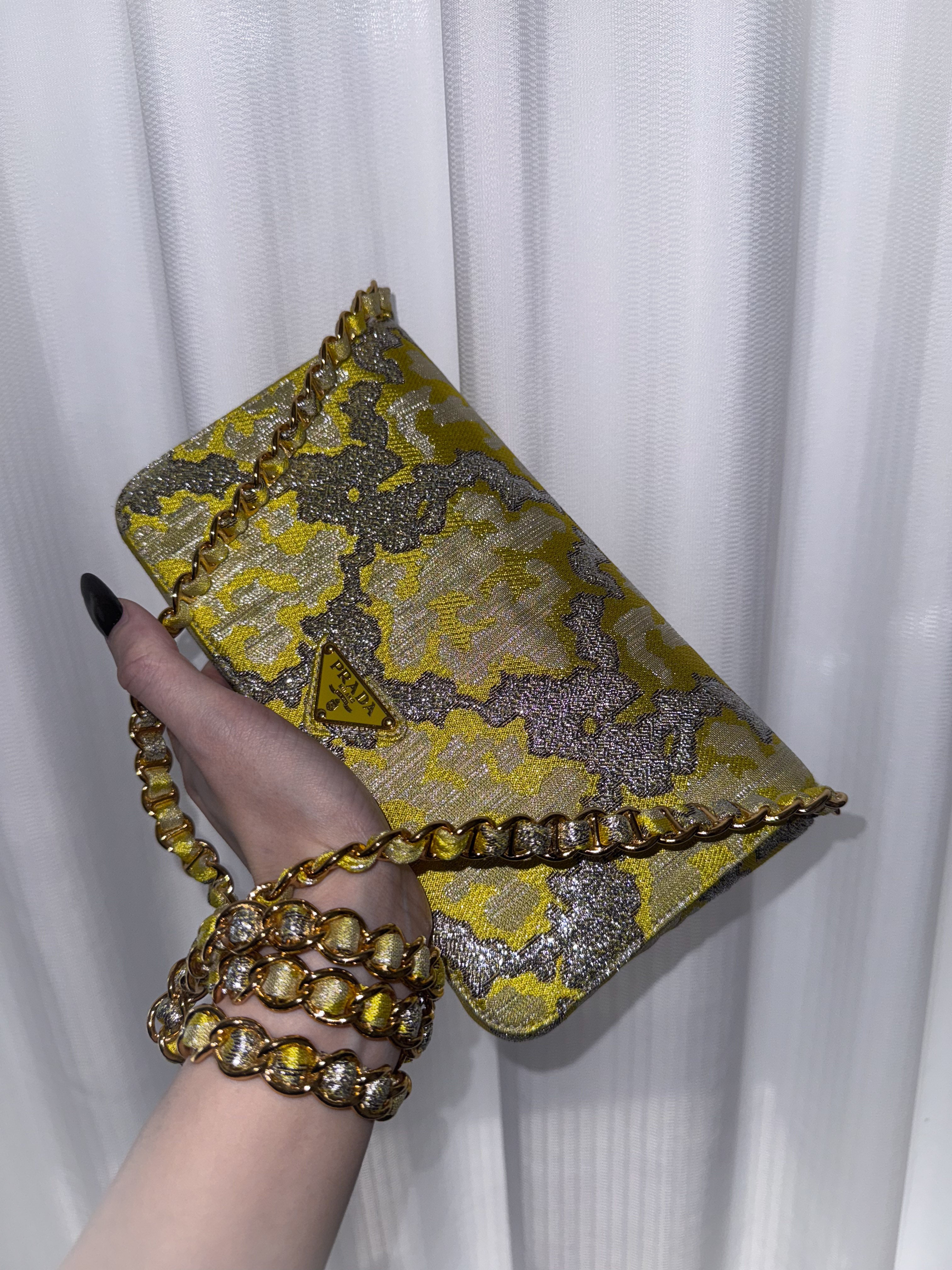 Prada gold-thread embroidered brocade satin shoulder bag