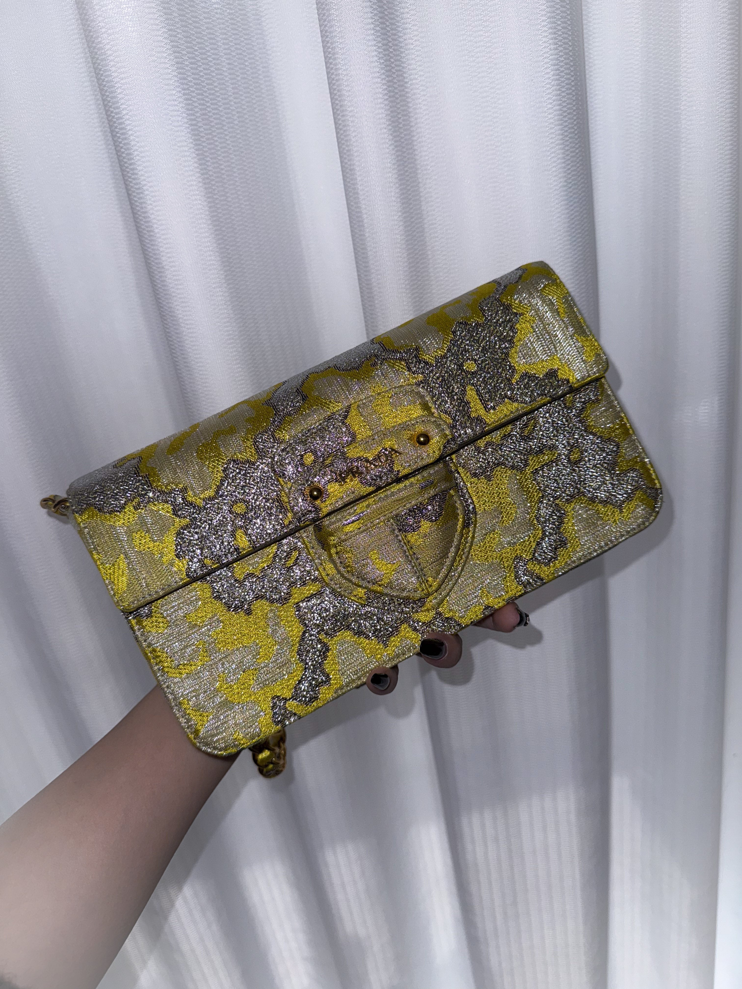 Prada gold-thread embroidered brocade satin shoulder bag
