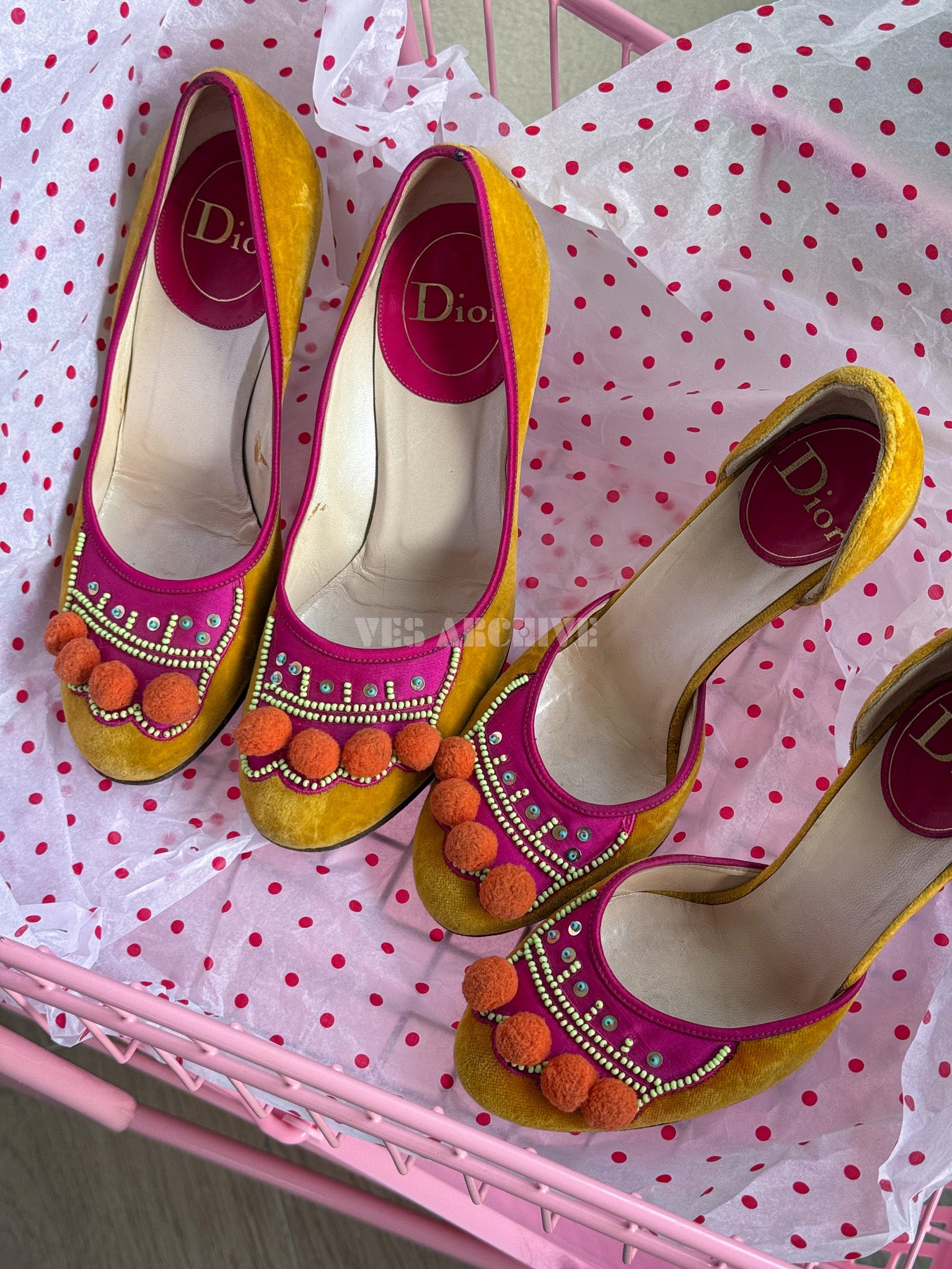 Dior Vintage Heavy Embellished Fur Pom-Pom Heels