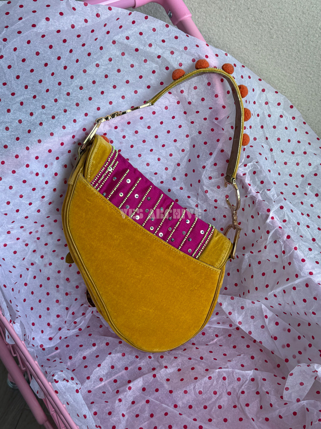 Dior Limited Satin Beaded Saddle Bag with Fur Pom-Pom