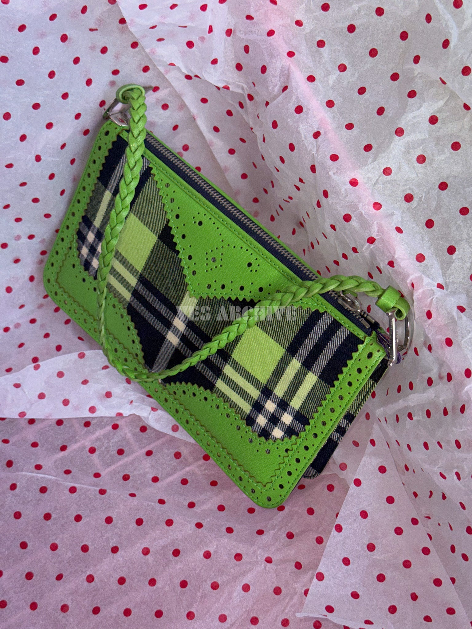 Dior 2004 Runway Green Lace Plaid Shoulder Bag