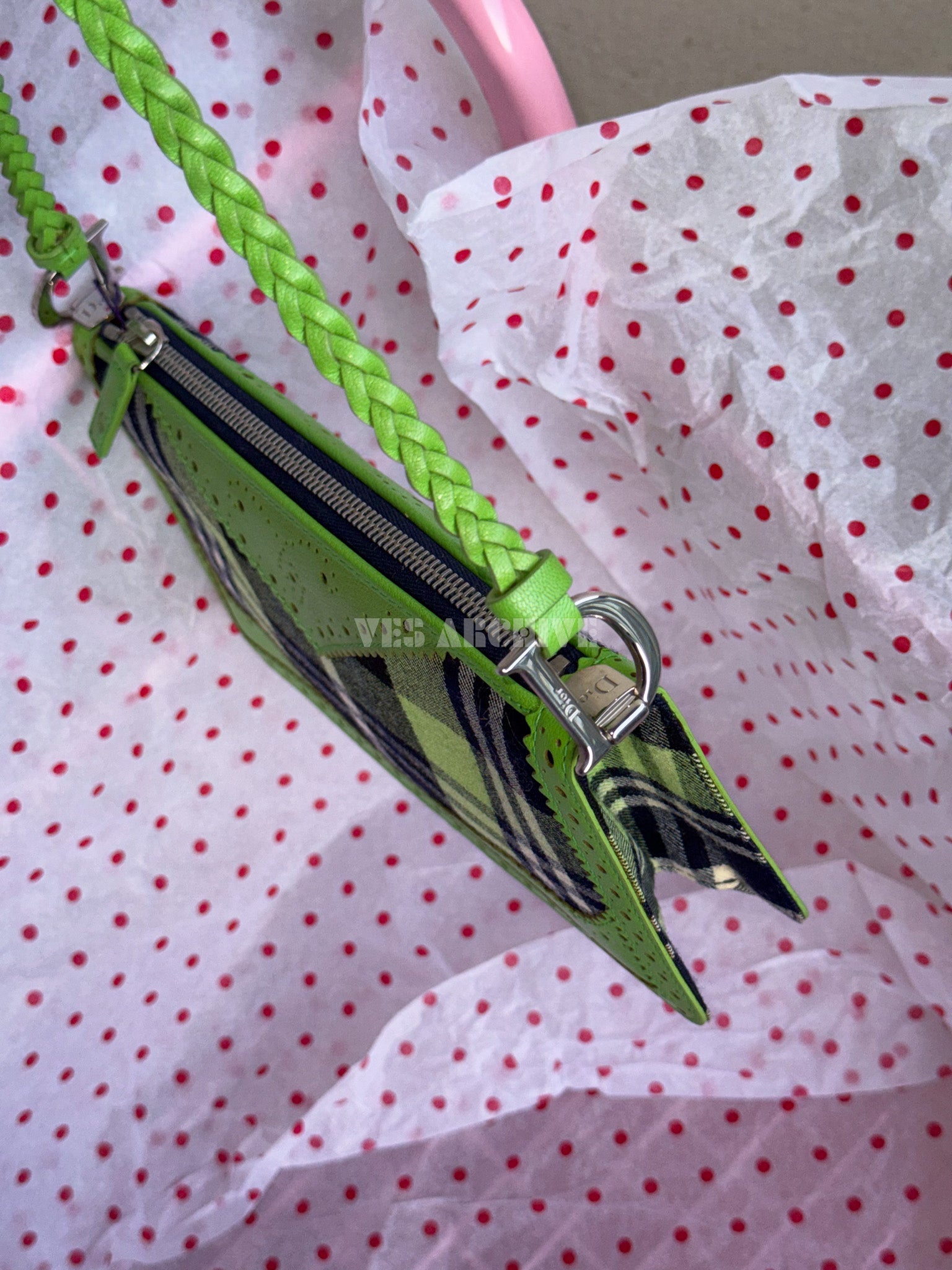 Dior 2004 Runway Green Lace Plaid Shoulder Bag