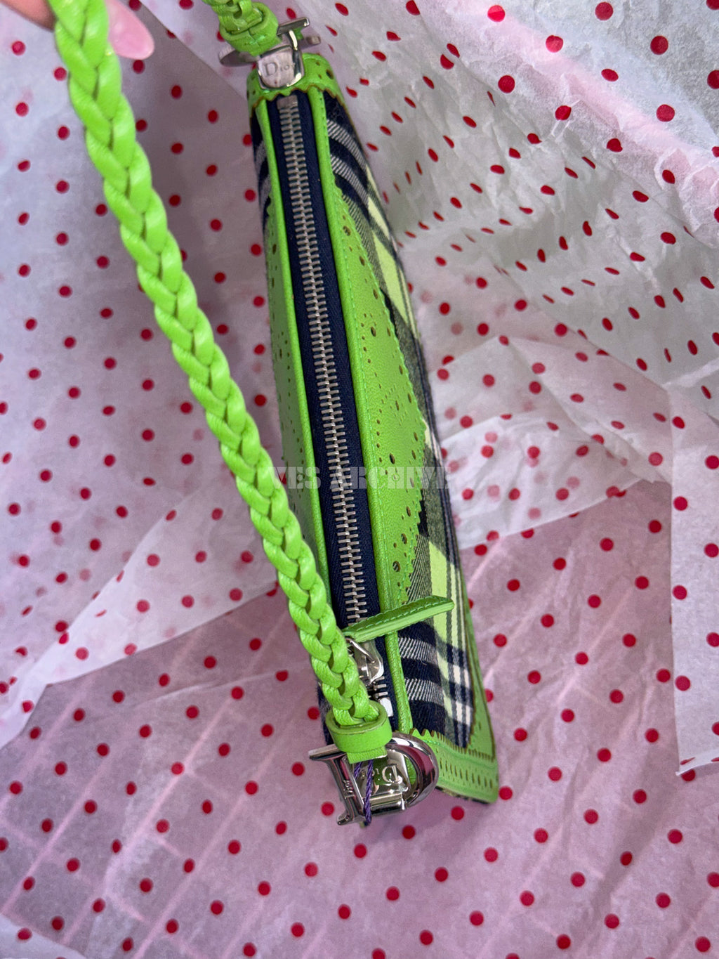 Dior 2004 Runway Green Lace Plaid Shoulder Bag