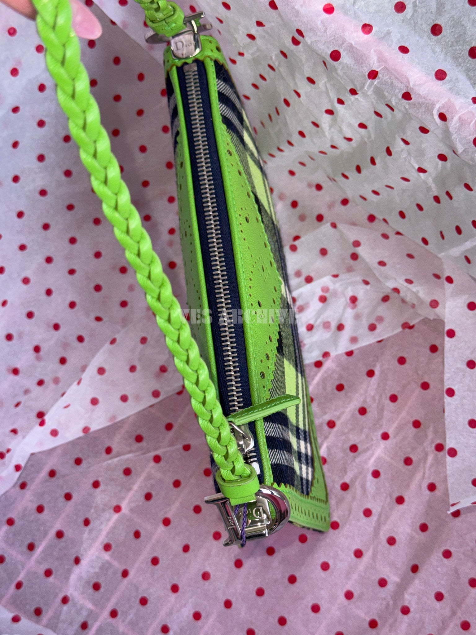 Dior 2004 Runway Green Lace Plaid Shoulder Bag