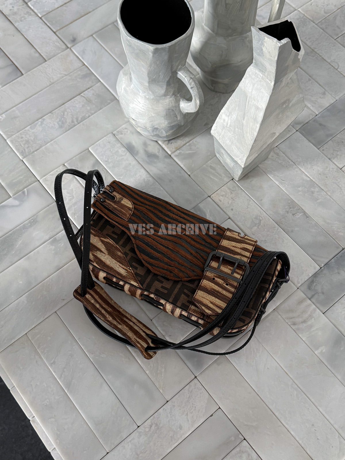 Fendi Zucca Rare Limited Zebra Patchwork Baguette Bag