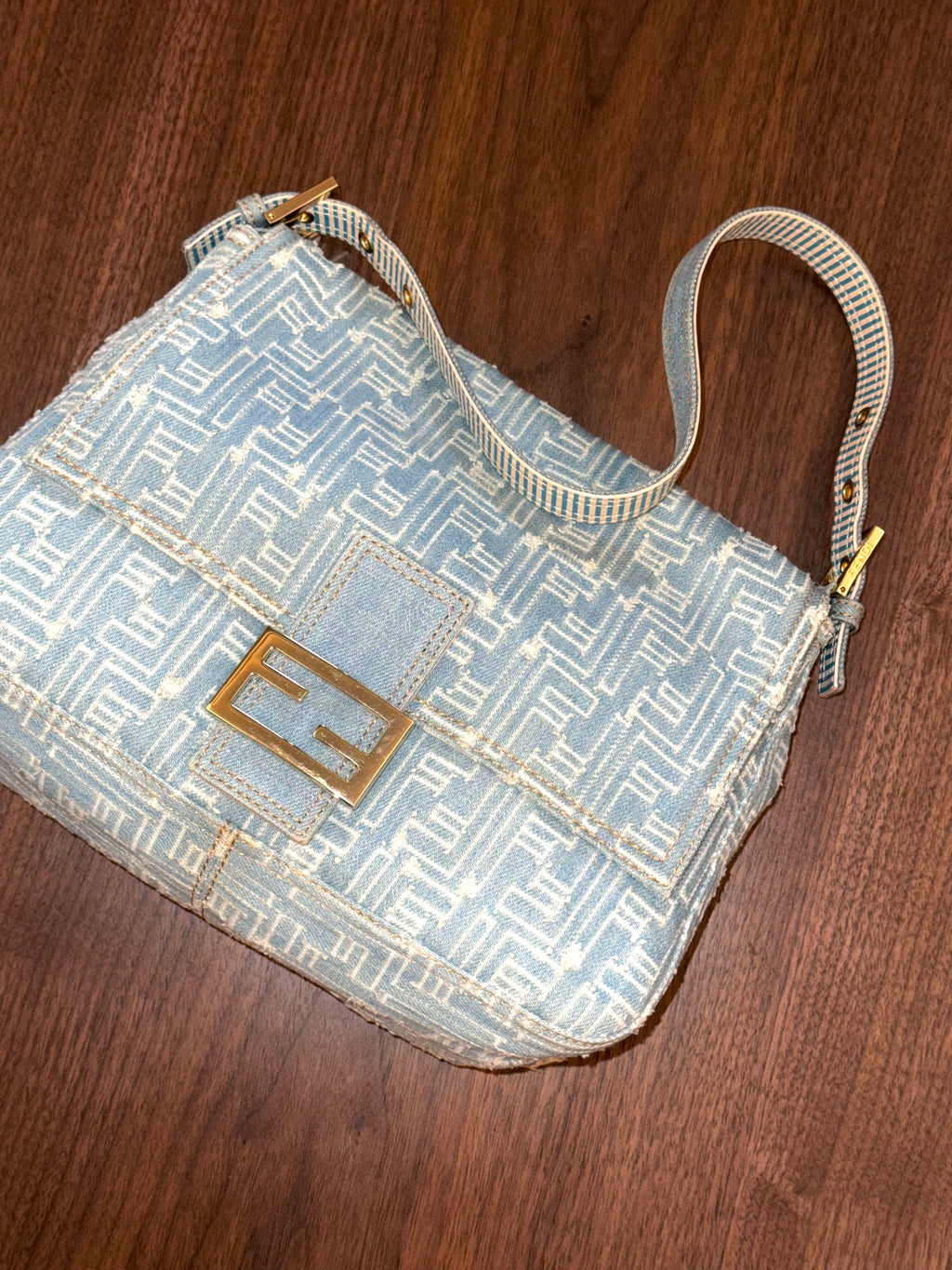 Fendi Denim Patchwork Large Baguette Bag
