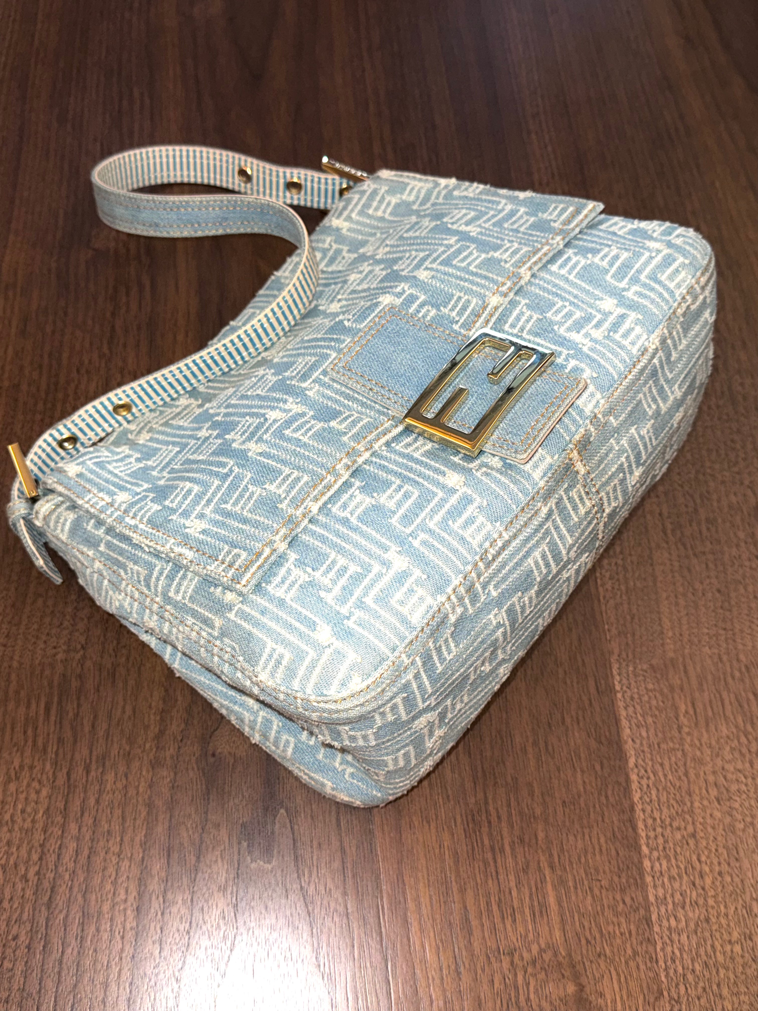 Fendi Denim Patchwork Large Baguette Bag