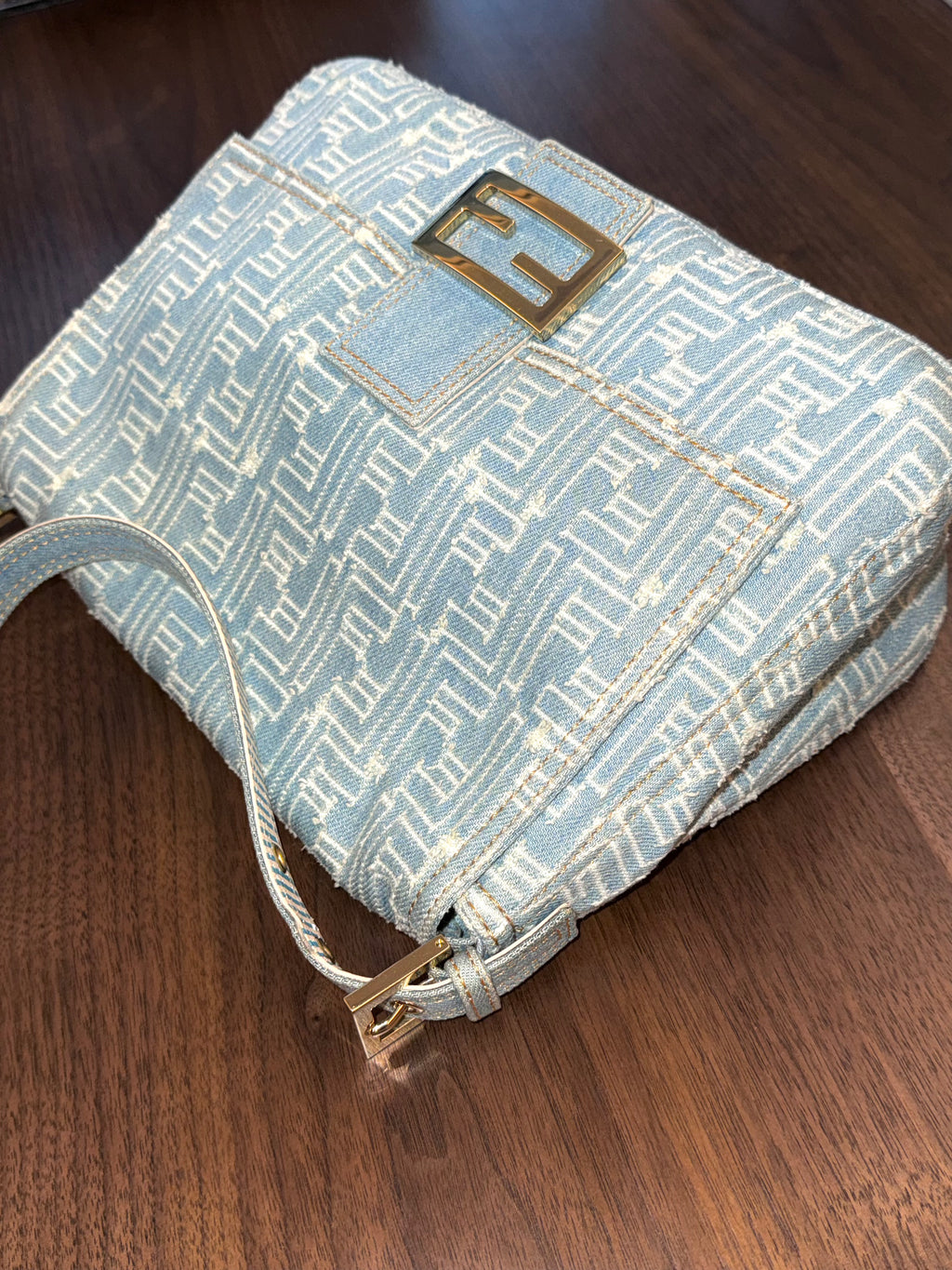 Fendi Denim Patchwork Large Baguette Bag