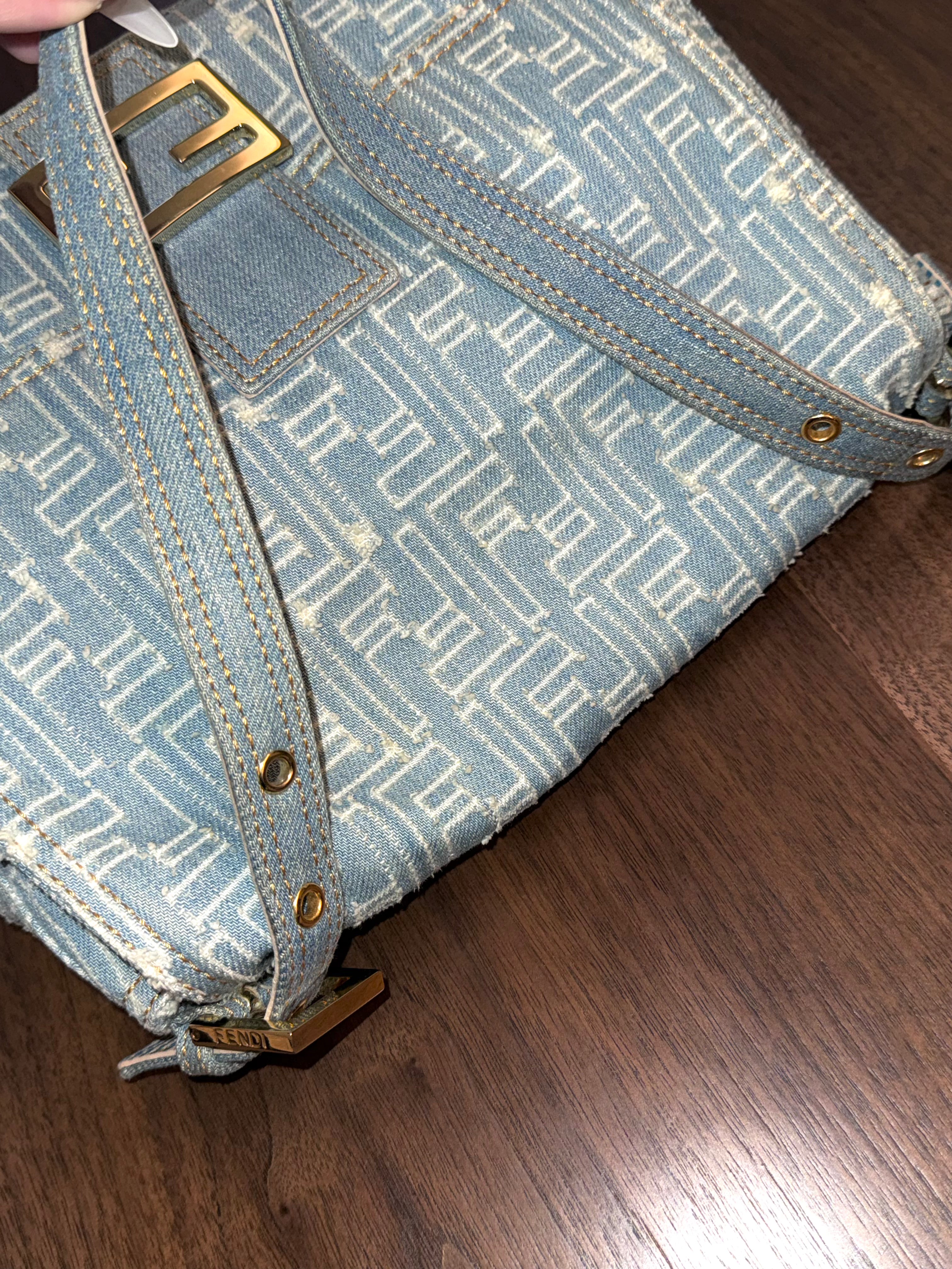 Fendi Denim Patchwork Large Baguette Bag