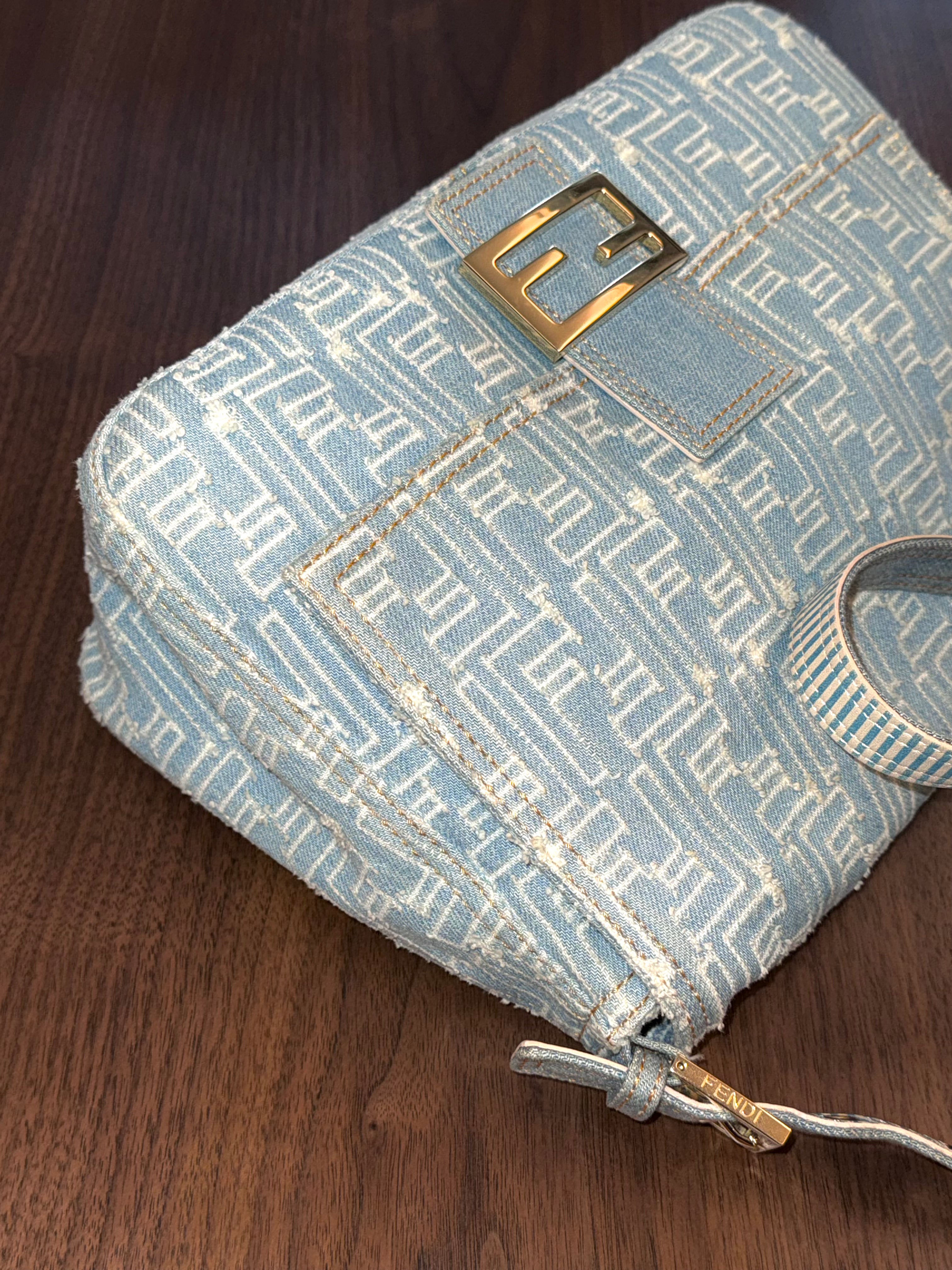 Fendi Denim Patchwork Large Baguette Bag
