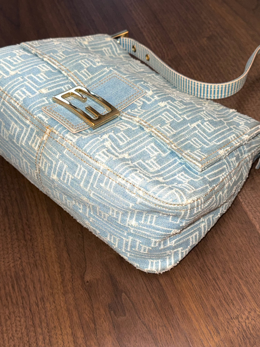 Fendi Denim Patchwork Large Baguette Bag