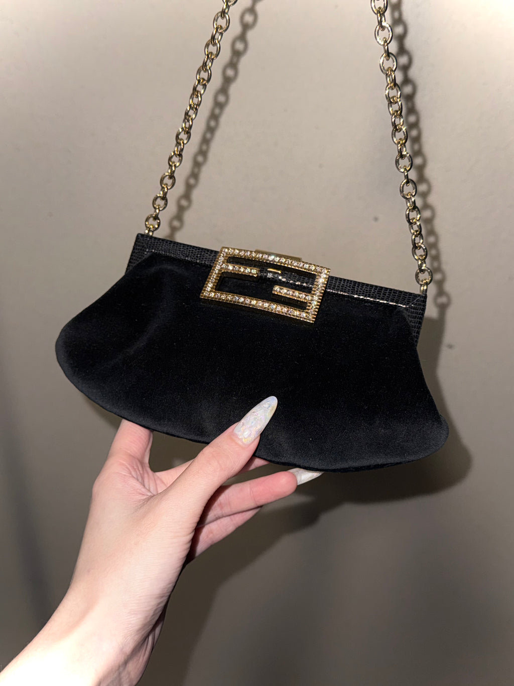 Fendi Black Velvet Evening Bag with Lizard Leather Trim and Crystal Clasp
