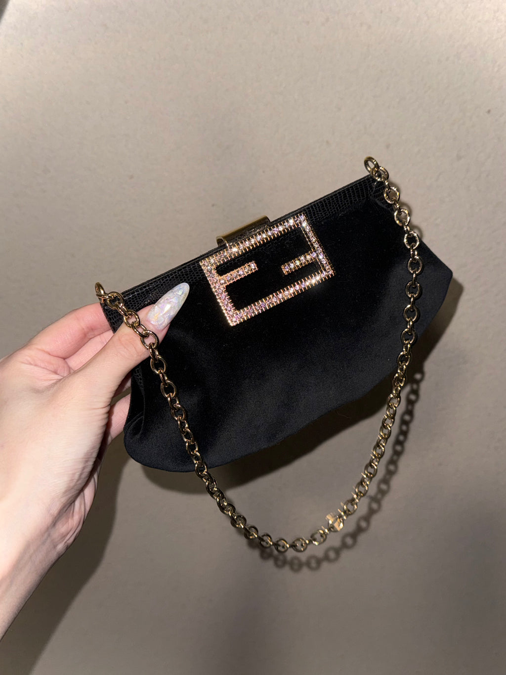 Fendi Black Velvet Evening Bag with Lizard Leather Trim and Crystal Clasp