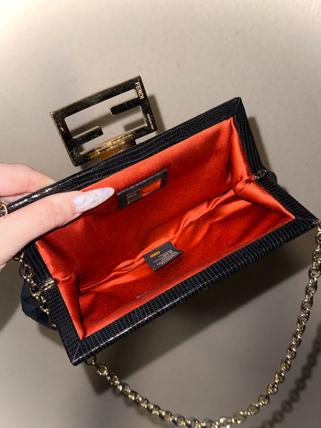 Fendi Black Velvet Evening Bag with Lizard Leather Trim and Crystal Clasp