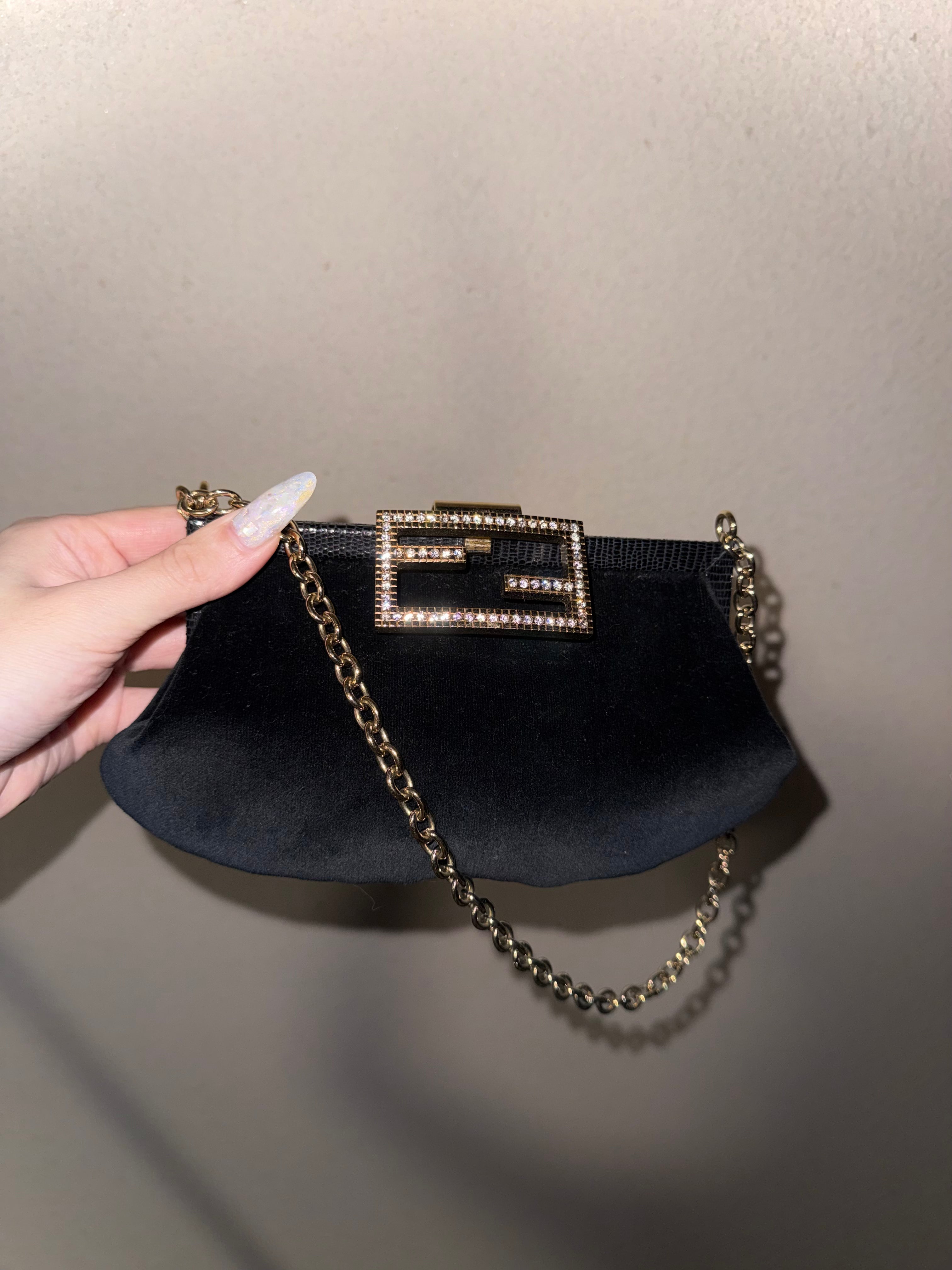 Fendi Black Velvet Evening Bag with Lizard Leather Trim and Crystal Clasp