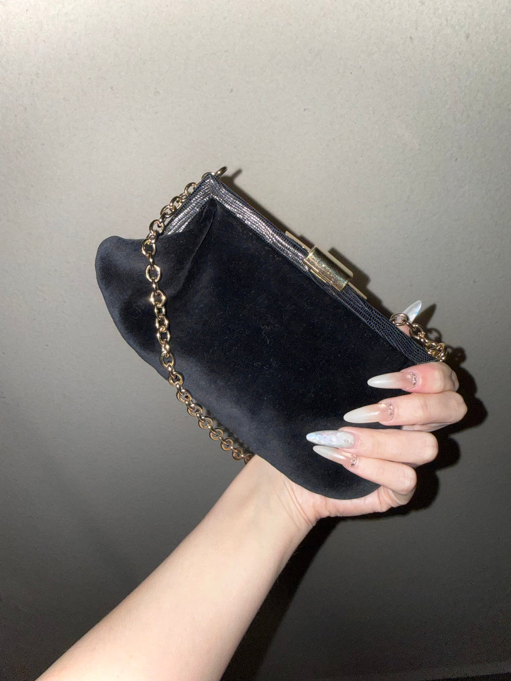 Fendi Black Velvet Evening Bag with Lizard Leather Trim and Crystal Clasp