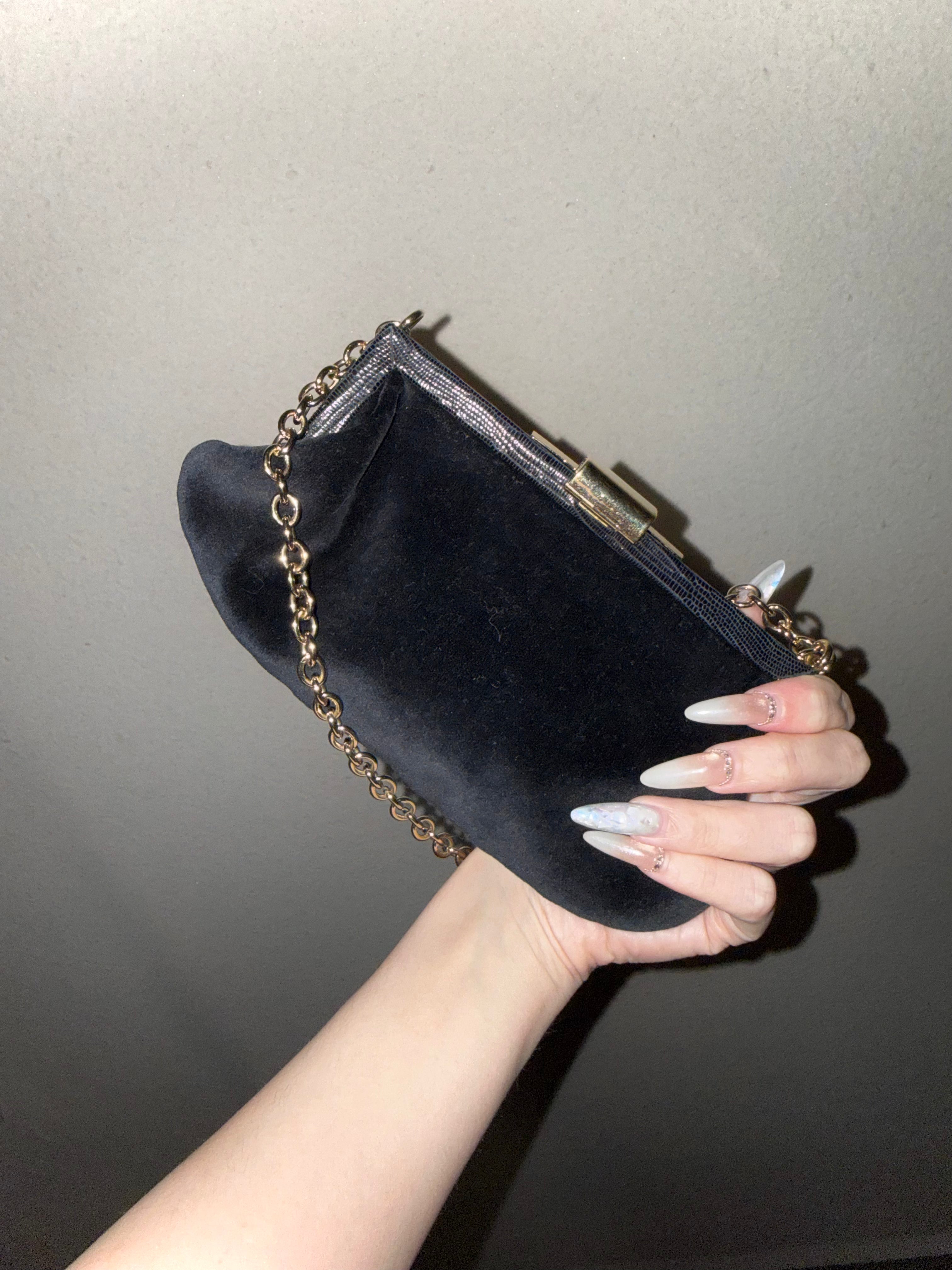 Fendi Black Velvet Evening Bag with Lizard Leather Trim and Crystal Clasp
