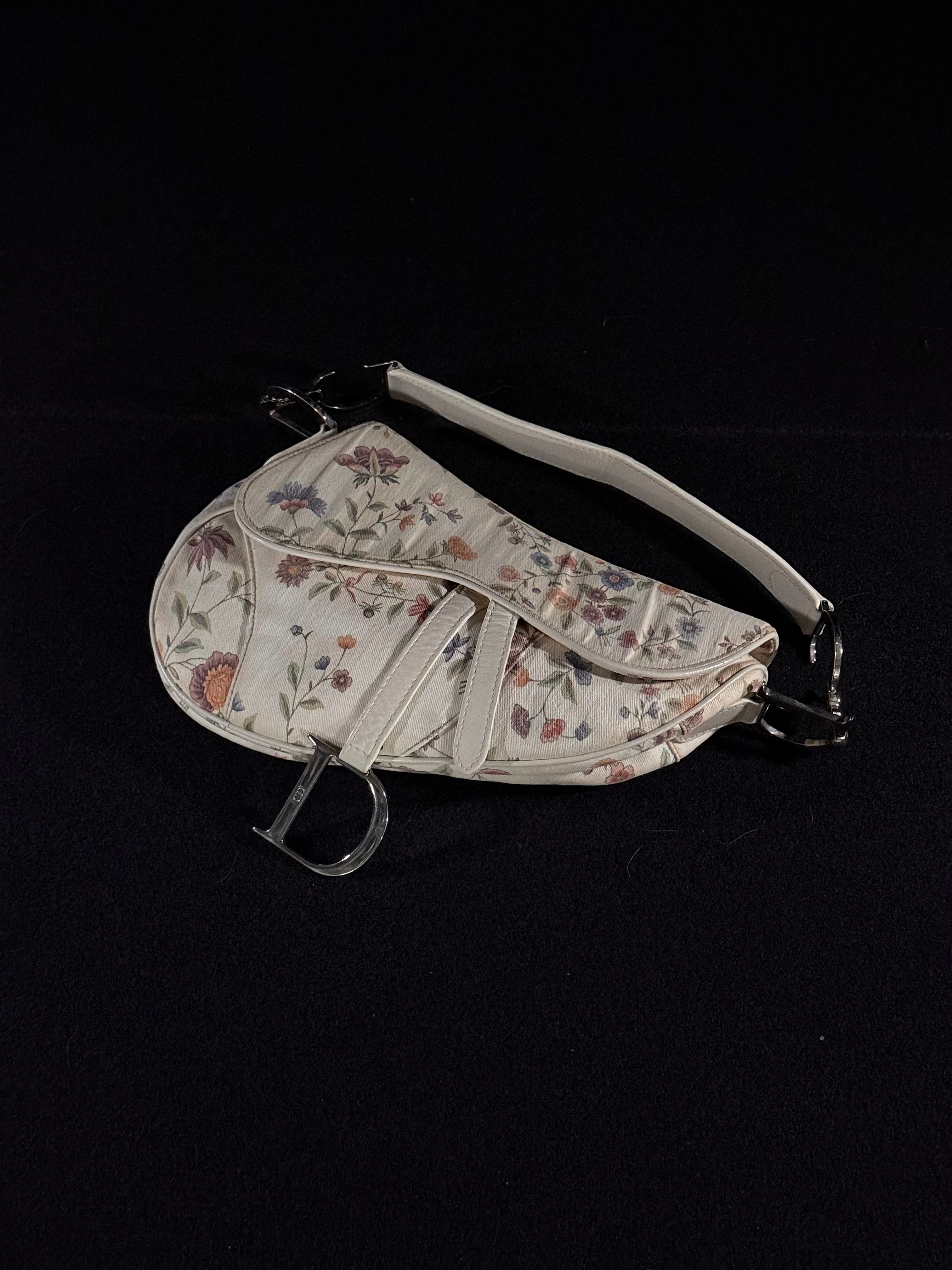 Christian Dior Limited Edition White Floral Canvas Saddle Bag