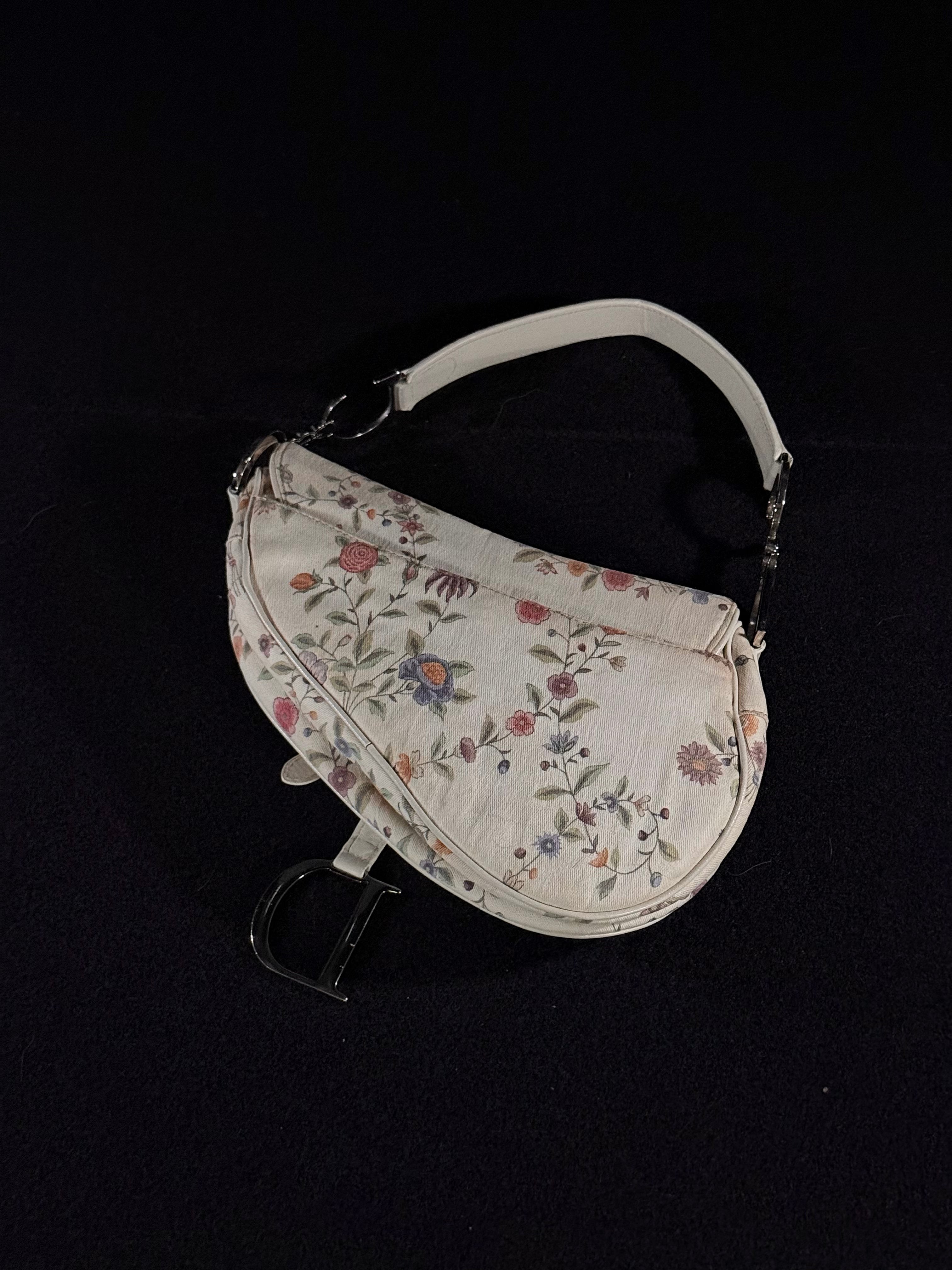 Christian Dior Limited Edition White Floral Canvas Saddle Bag