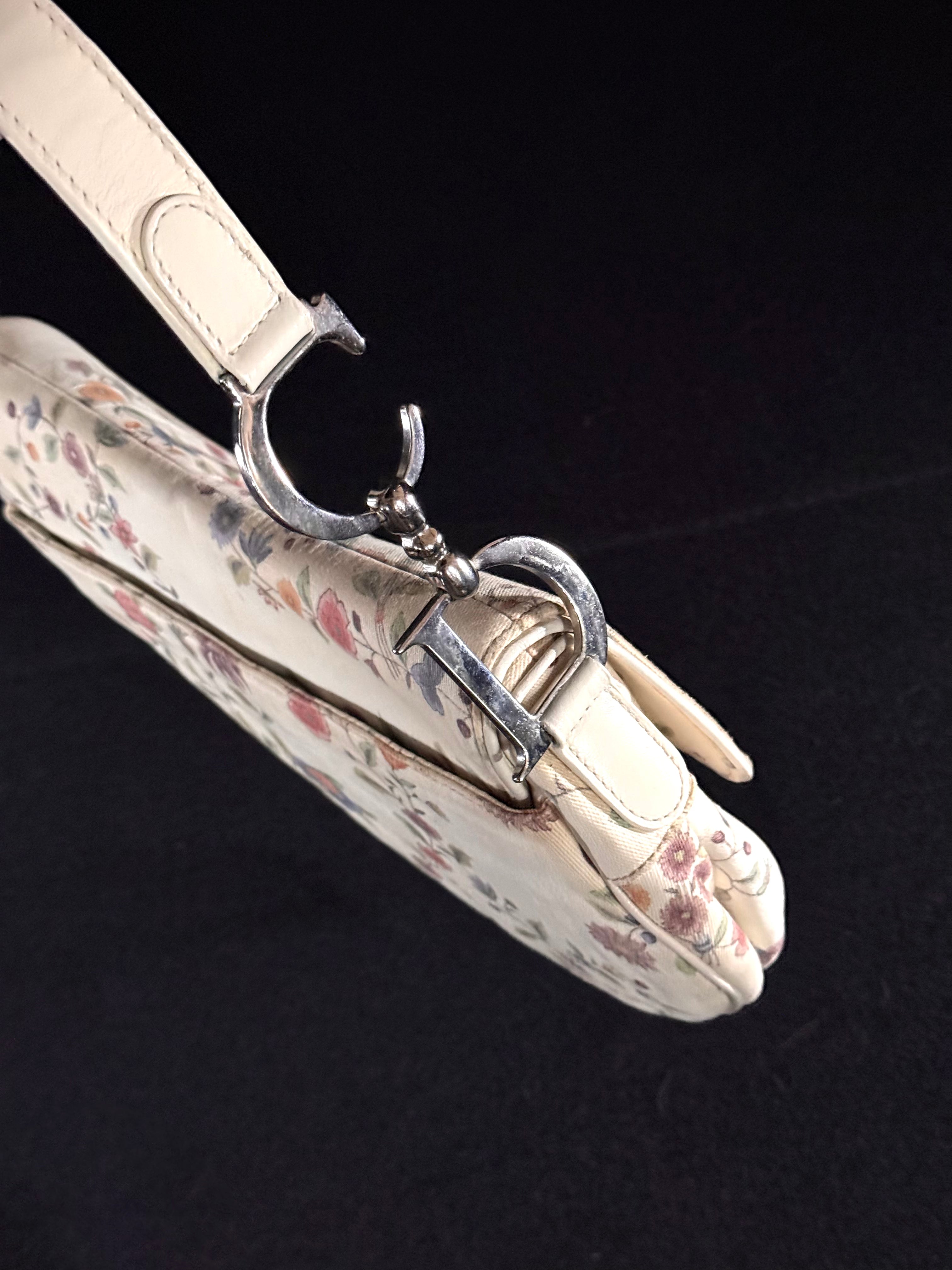 Christian Dior Limited Edition White Floral Canvas Saddle Bag