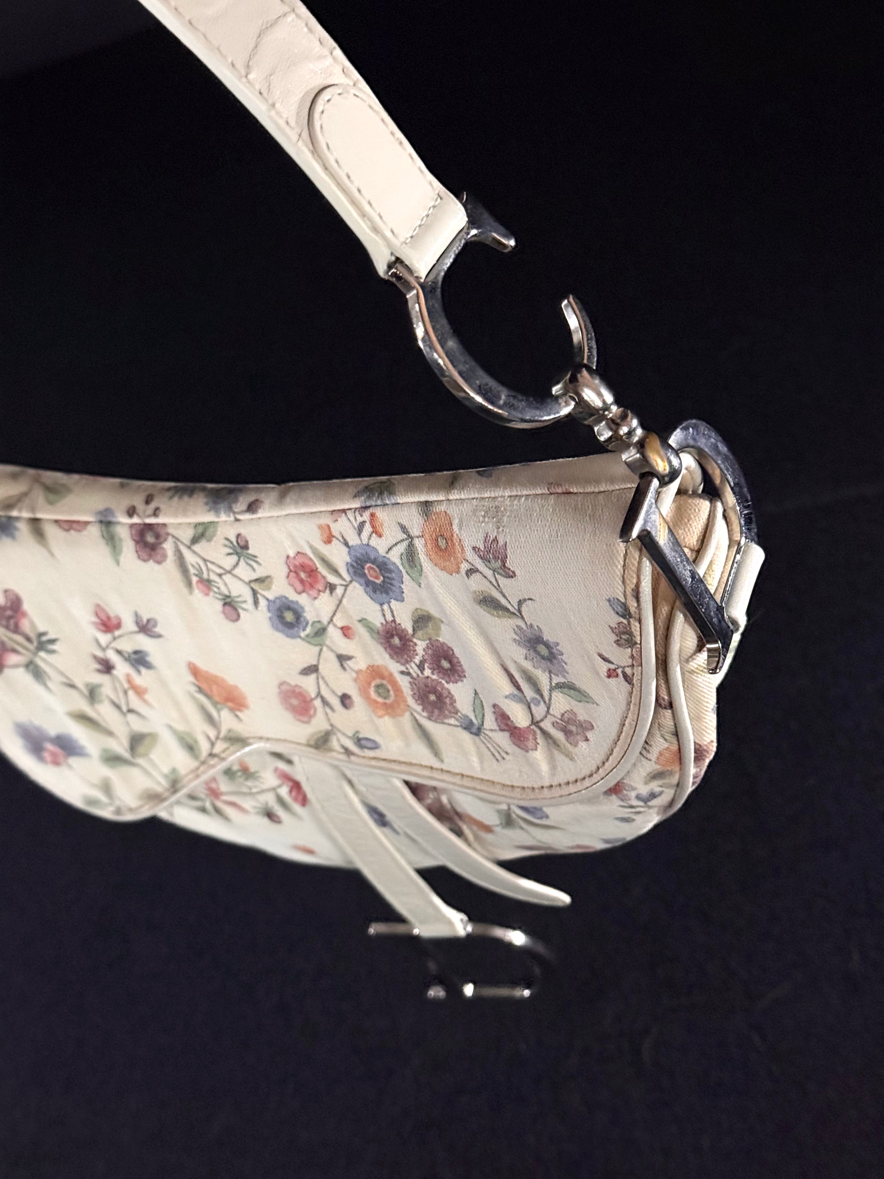Christian Dior Limited Edition White Floral Canvas Saddle Bag