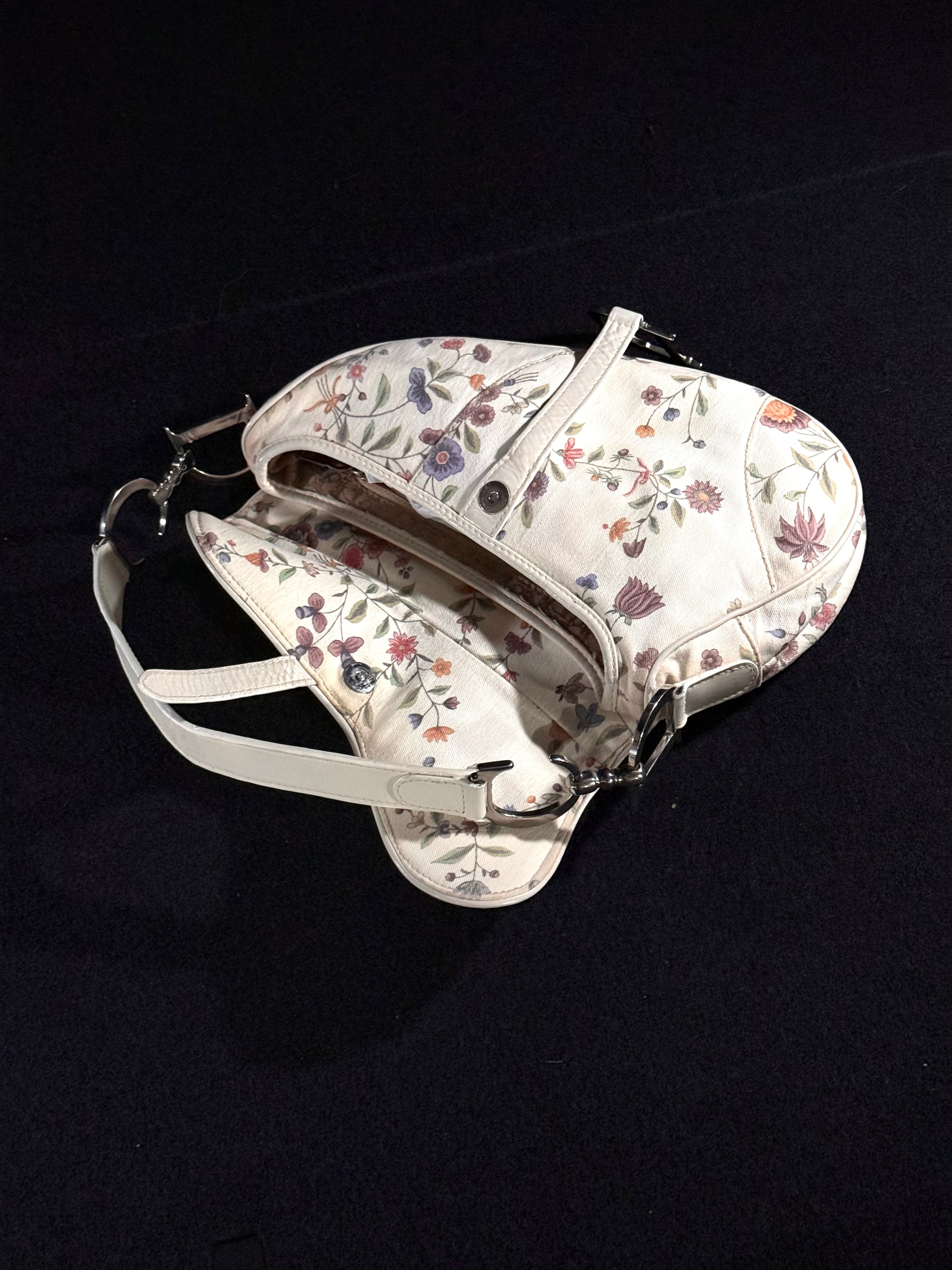 Christian Dior Limited Edition White Floral Canvas Saddle Bag