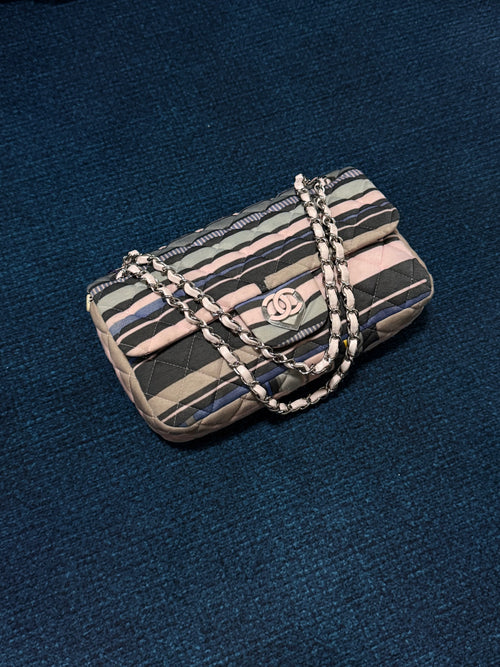 Chanel CC Resort 2009 Pink Blue Striped Quilted Fabric Heart Flap Bag