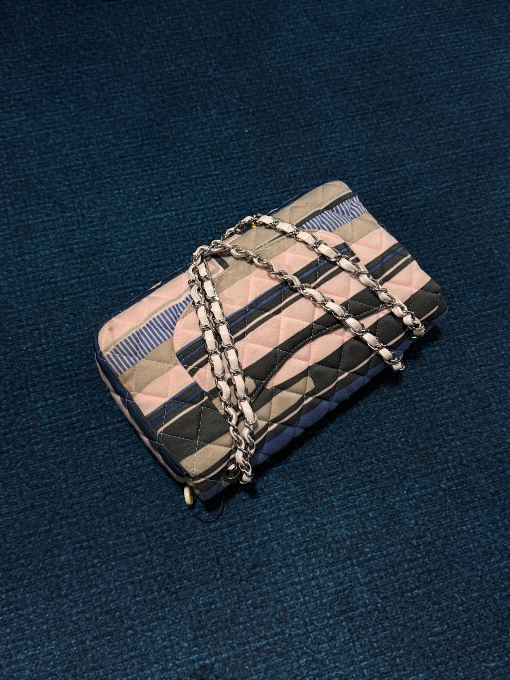 Chanel CC Resort 2009 Pink Blue Striped Quilted Fabric Heart Flap Bag