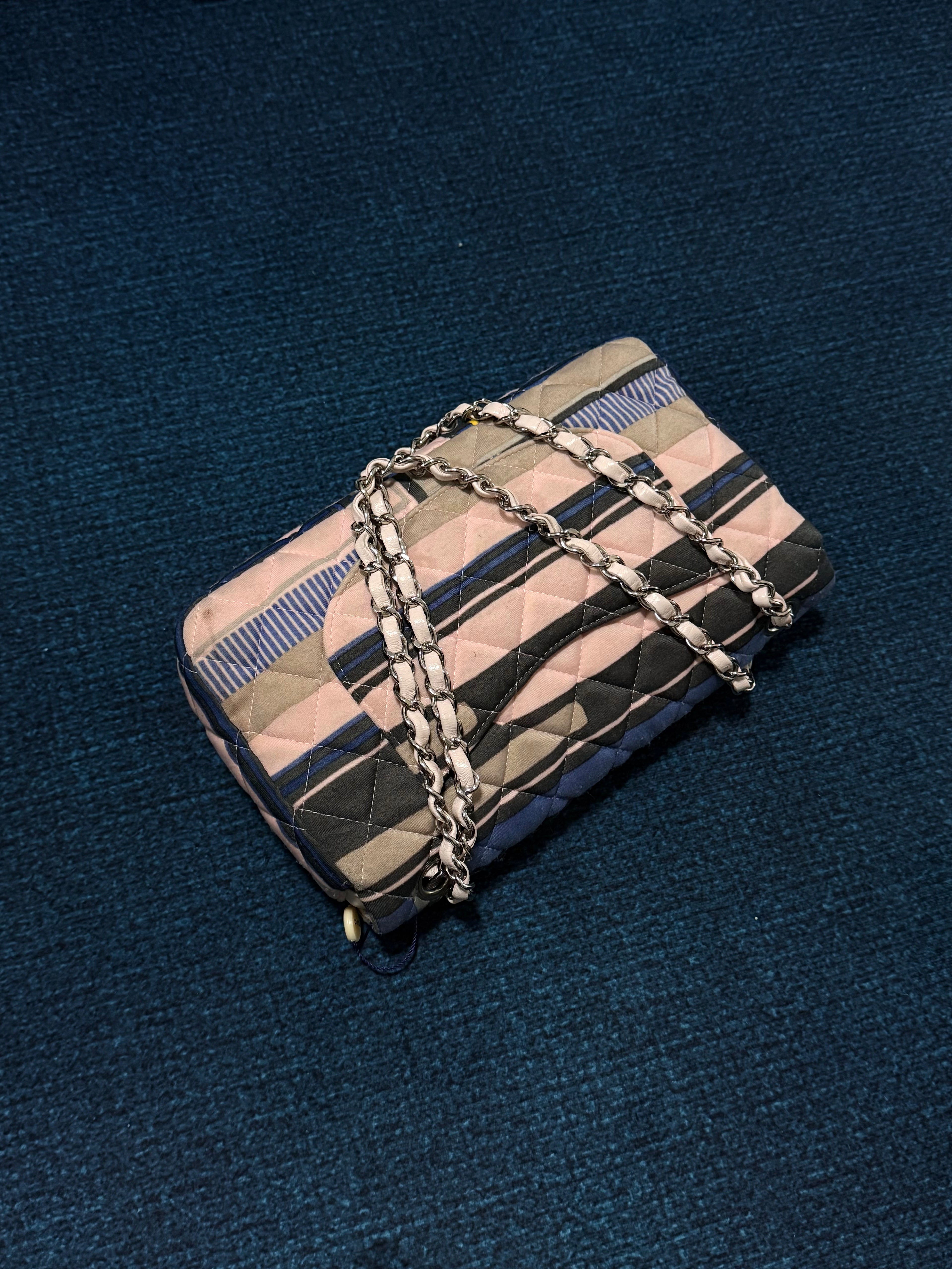 Chanel CC Resort 2009 Pink Blue Striped Quilted Fabric Heart Flap Bag