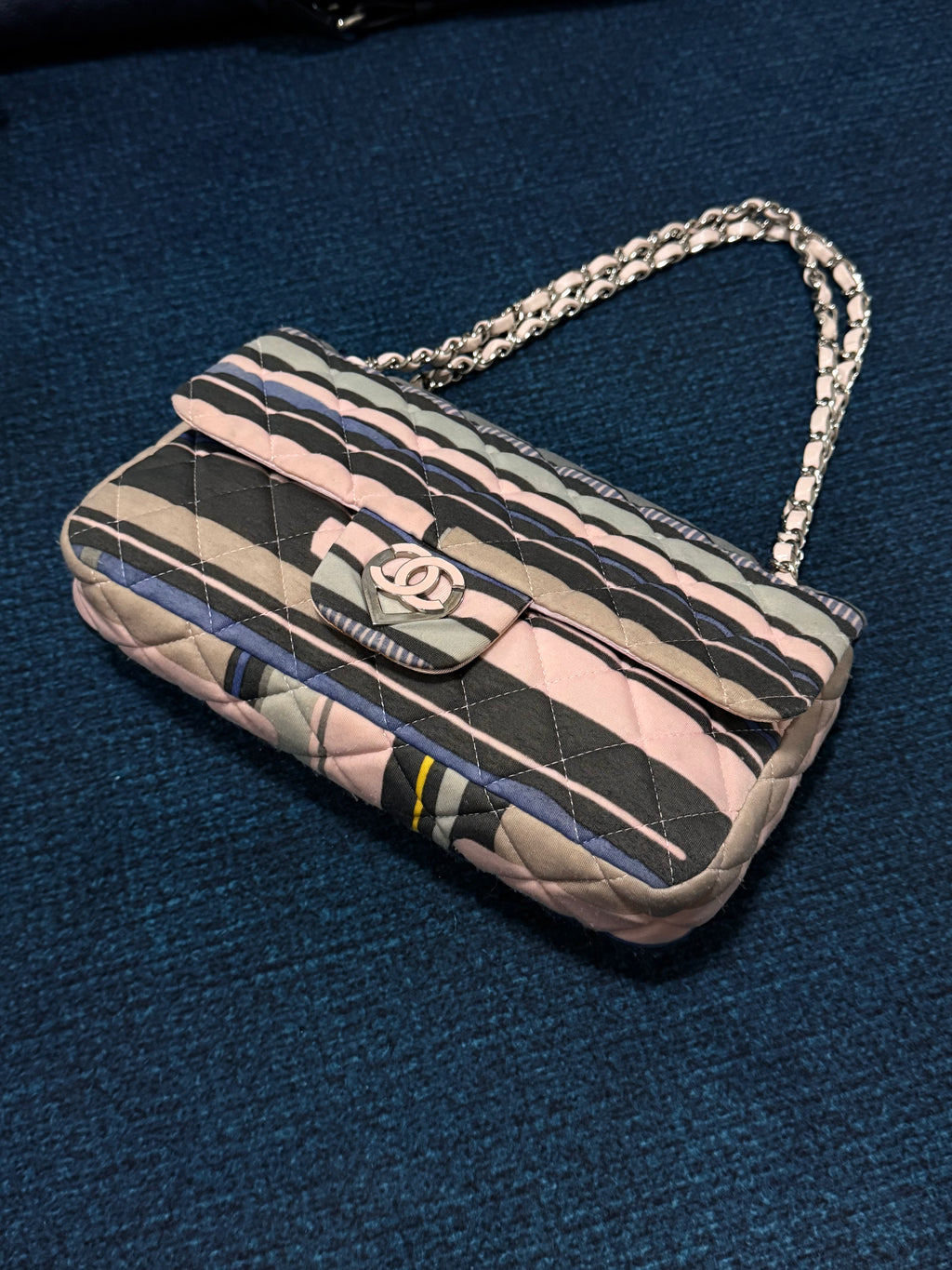 Chanel CC Resort 2009 Pink Blue Striped Quilted Fabric Heart Flap Bag