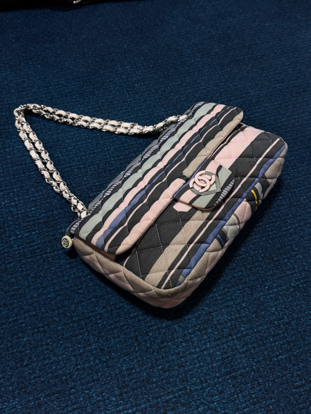 Chanel CC Resort 2009 Pink Blue Striped Quilted Fabric Heart Flap Bag