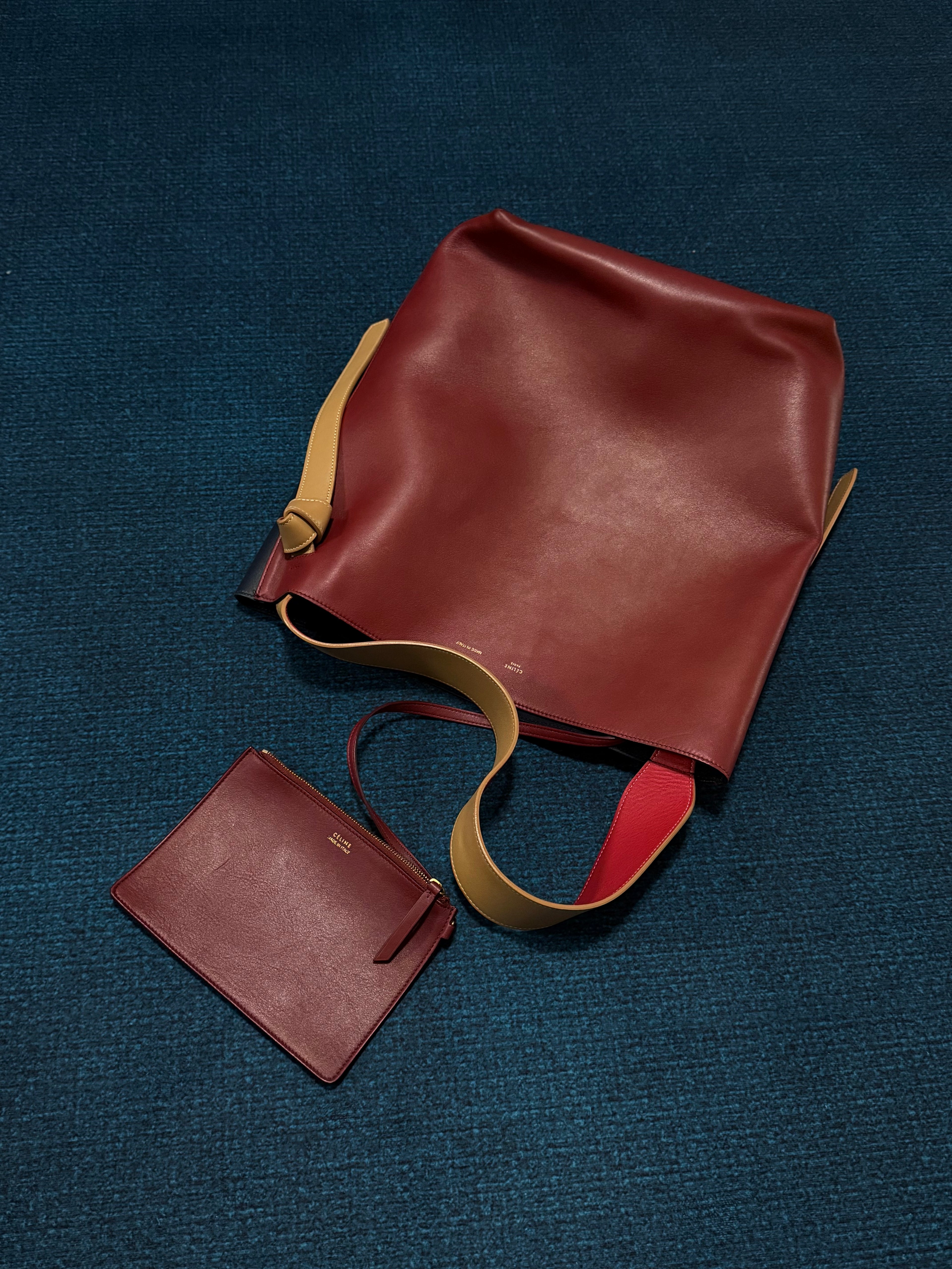 Celine Red/Blue Smooth Leather Cabas Twisted Tote Bag with Matching Pouch